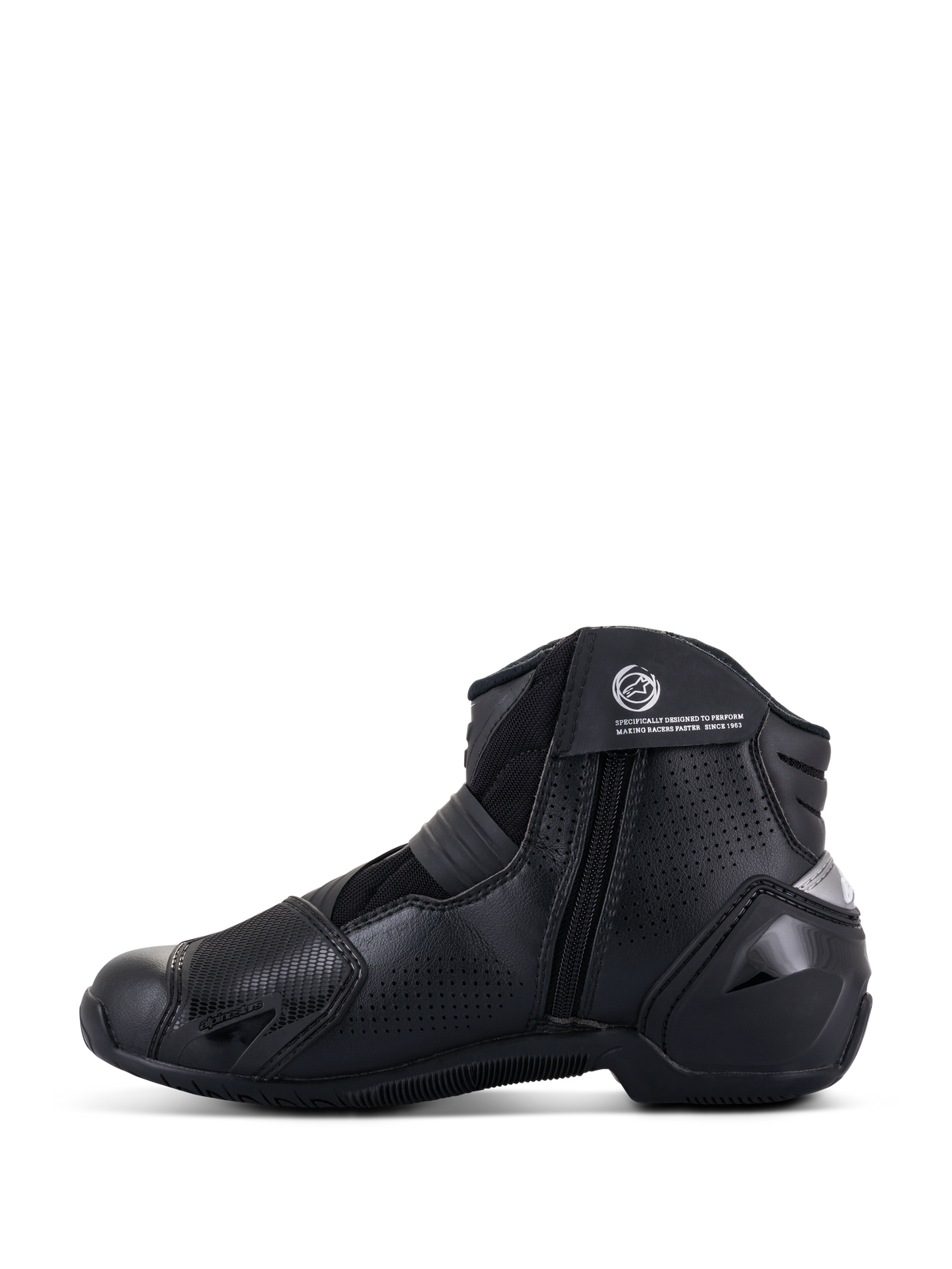 Alpinestars SMX-1 R V2 Vented Boots, czarne, krótkie sportowe buty motocyklowe, widok z boku przedstawiający perforowaną cholewkę z mikrofibry, ochraniacze TPU i boczny zamek błyskawiczny.