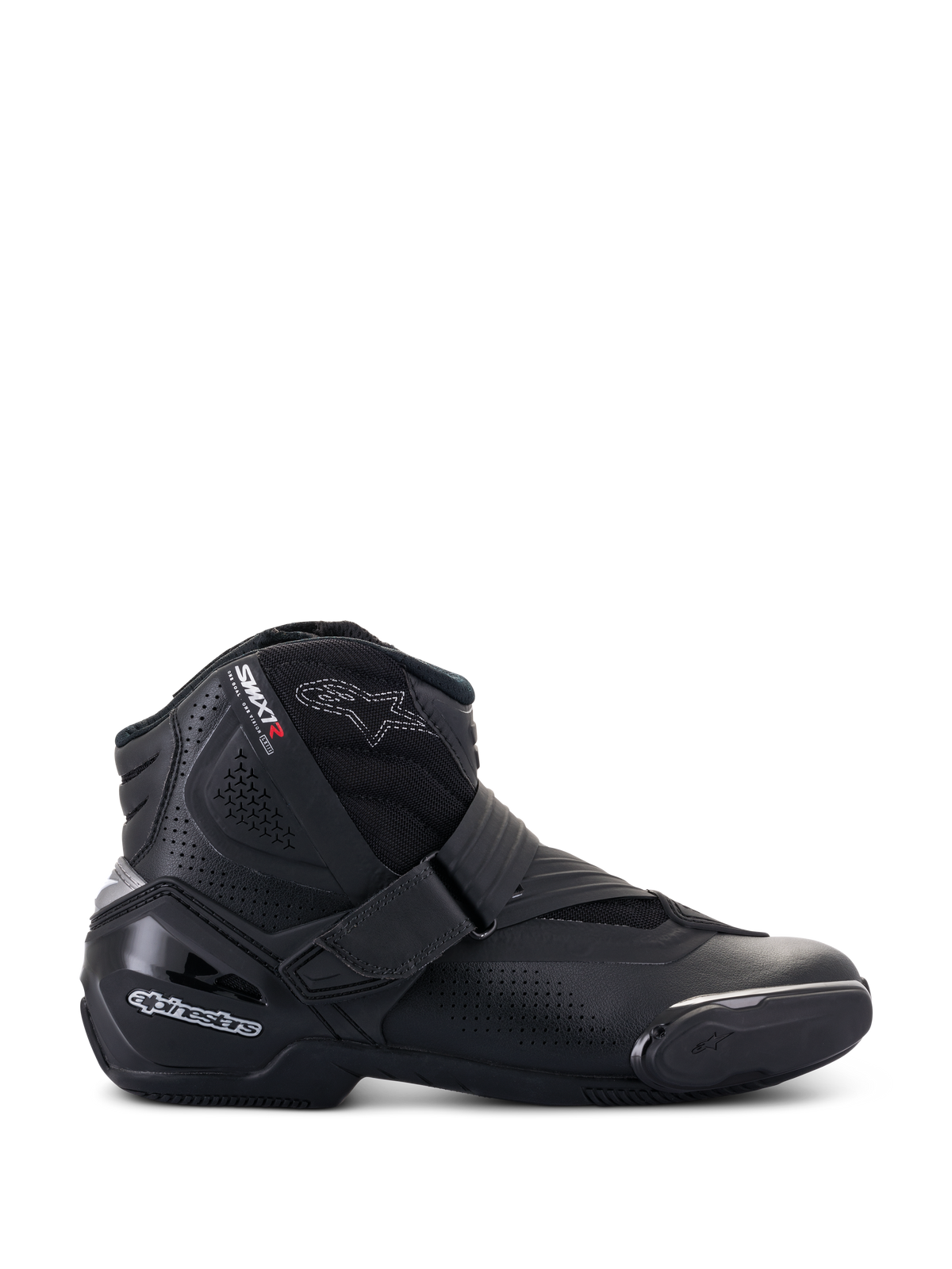 Alpinestars SMX-1 R V2 Vented Boots, niskie czarne buty motocyklowe, profil boczny z perforowanymi panelami z mikrofibry, ochrona pięty z TPU i slider palców, zapięcie na rzep, sportowe obuwie szosowe