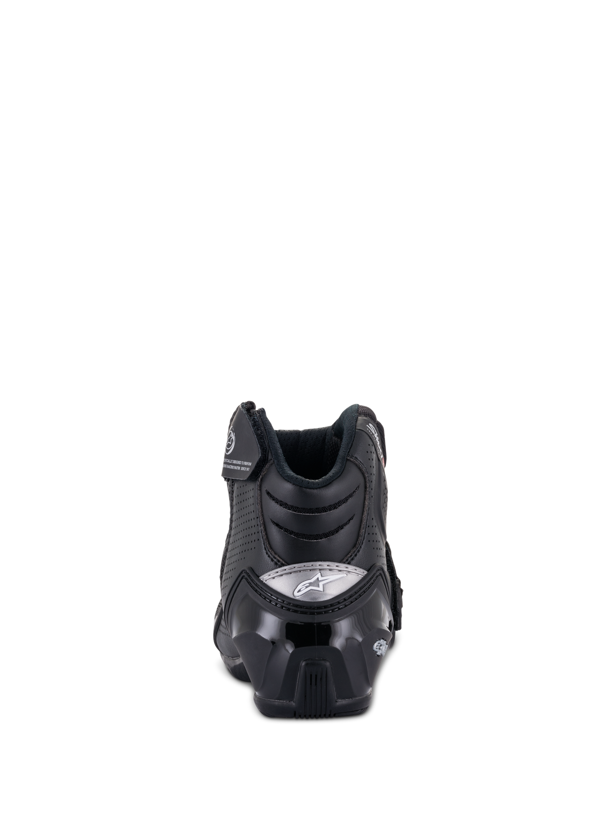 Buty Alpinestars SMX-1 R V2 Vented, niskie buty motocyklowe, czarne, widok z tyłu z błyszczącym ochraniaczem pięty TPU i srebrnym logo, perforowana mikrofibra dla lepszej wentylacji, ergonomiczna konstrukcja do jazdy sportowej