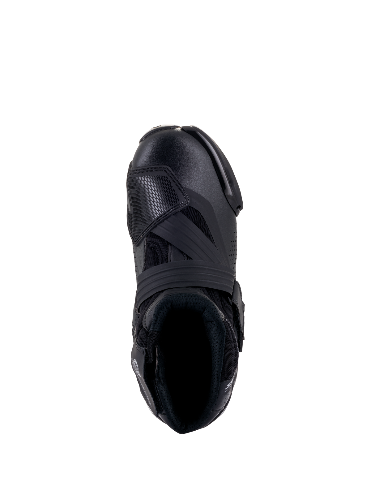 Buty Alpinestars SMX-1 R V2 Vented, czarne, widok z góry pokazujący wentylowaną cholewkę z mikrofibry, osłonę zmiany biegów z TPU oraz ergonomiczny kołnierz do sportowej jazdy.