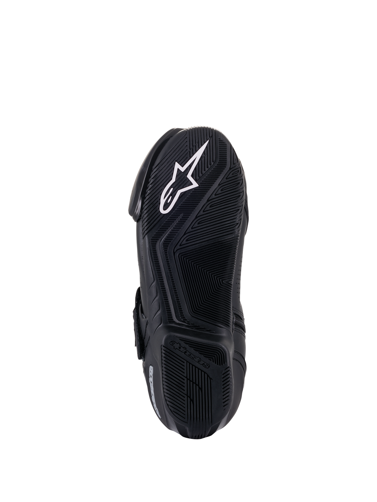 Buty Alpinestars SMX-1 R V2 Vented, widok podeszwy od dołu, czarne, białe logo gwiazdy Alpinestars na teksturowanej gumowej podeszwie z zaawansowanym wzorem przyczepności