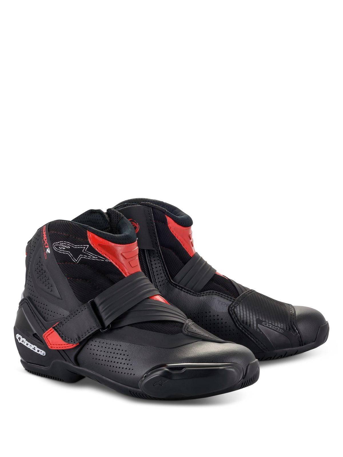 Alpinestars SMX-1 R V2 Vented Boots, low-cut motorcycle riding shoes, Black and Red, featuring perforated microfiber for airflow, TPU protection, and strap closure for sport road riding.