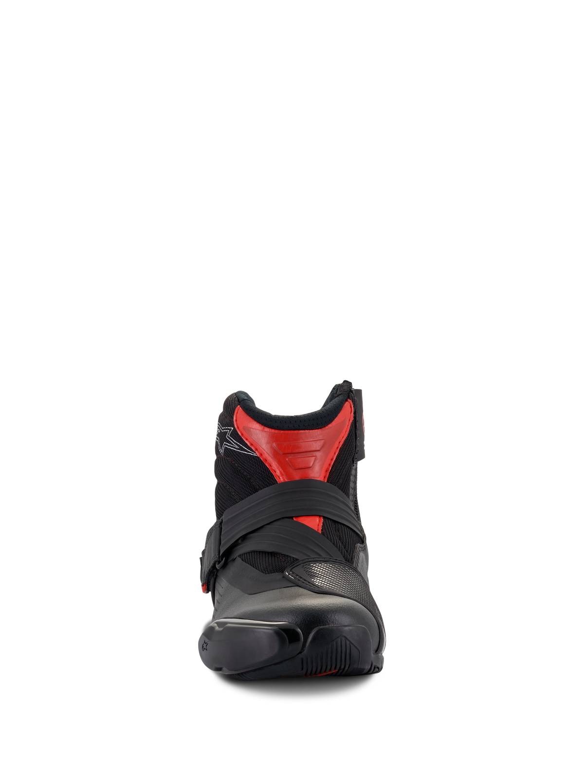 Alpinestars SMX-1 R V2 Vented Boots, low-cut motorcycle riding boots, Black and Red, front perspective showing the secure strap closure and ventilated microfiber upper, performance road gear.