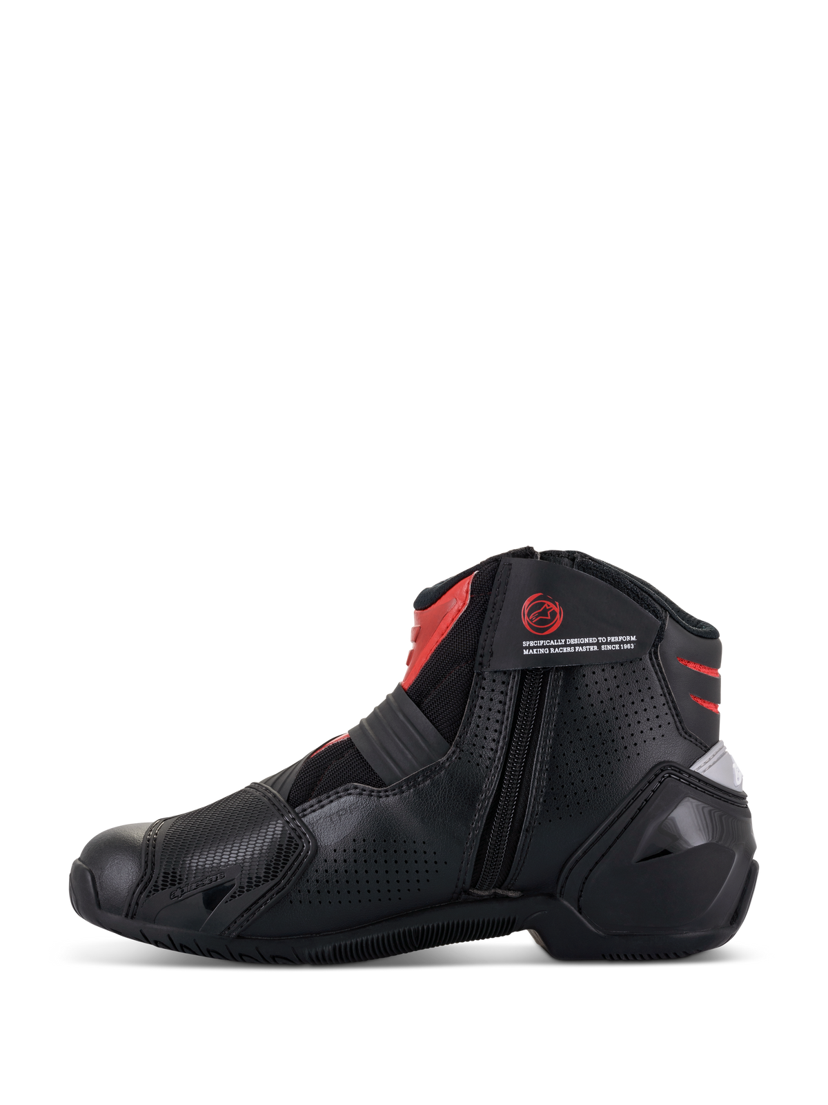 Alpinestars SMX-1 R V2 Vented Boots, Black and Red, low-cut motorcycle riding shoe, side profile showing medial zipper closure, perforated microfiber upper for airflow, red accents on the ankle and tongue, performance footwear for road riding.
