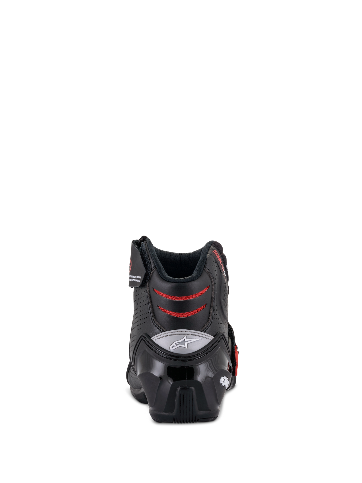 Alpinestars SMX-1 R V2 Vented Boots, low-cut motorcycle riding boots, Black and Red, rear view showing the TPU heel counter and red mesh flex zones, performance footwear for road and sport riding