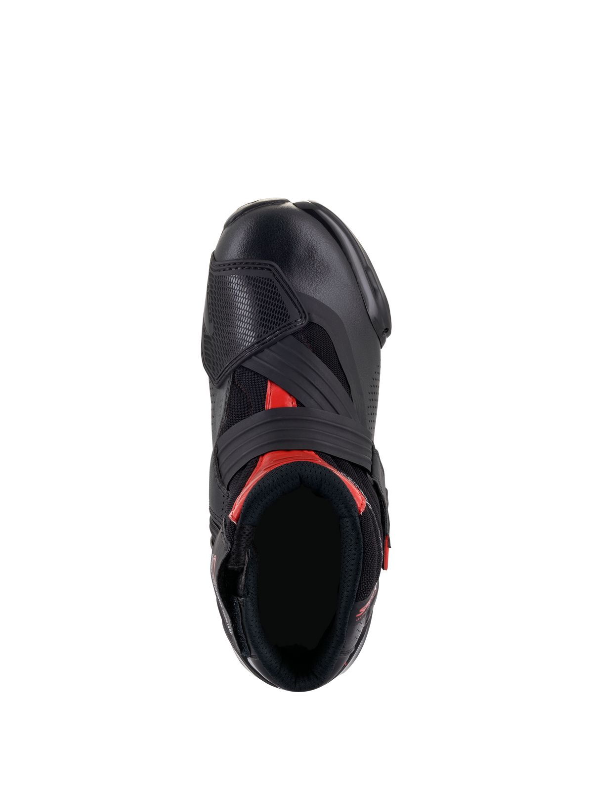 Alpinestars SMX-1 R V2 Vented Boots, Black and Red, top-down view showing the foot opening and upper construction, featuring perforated microfiber, red accents, and a wide Velcro instep strap.
