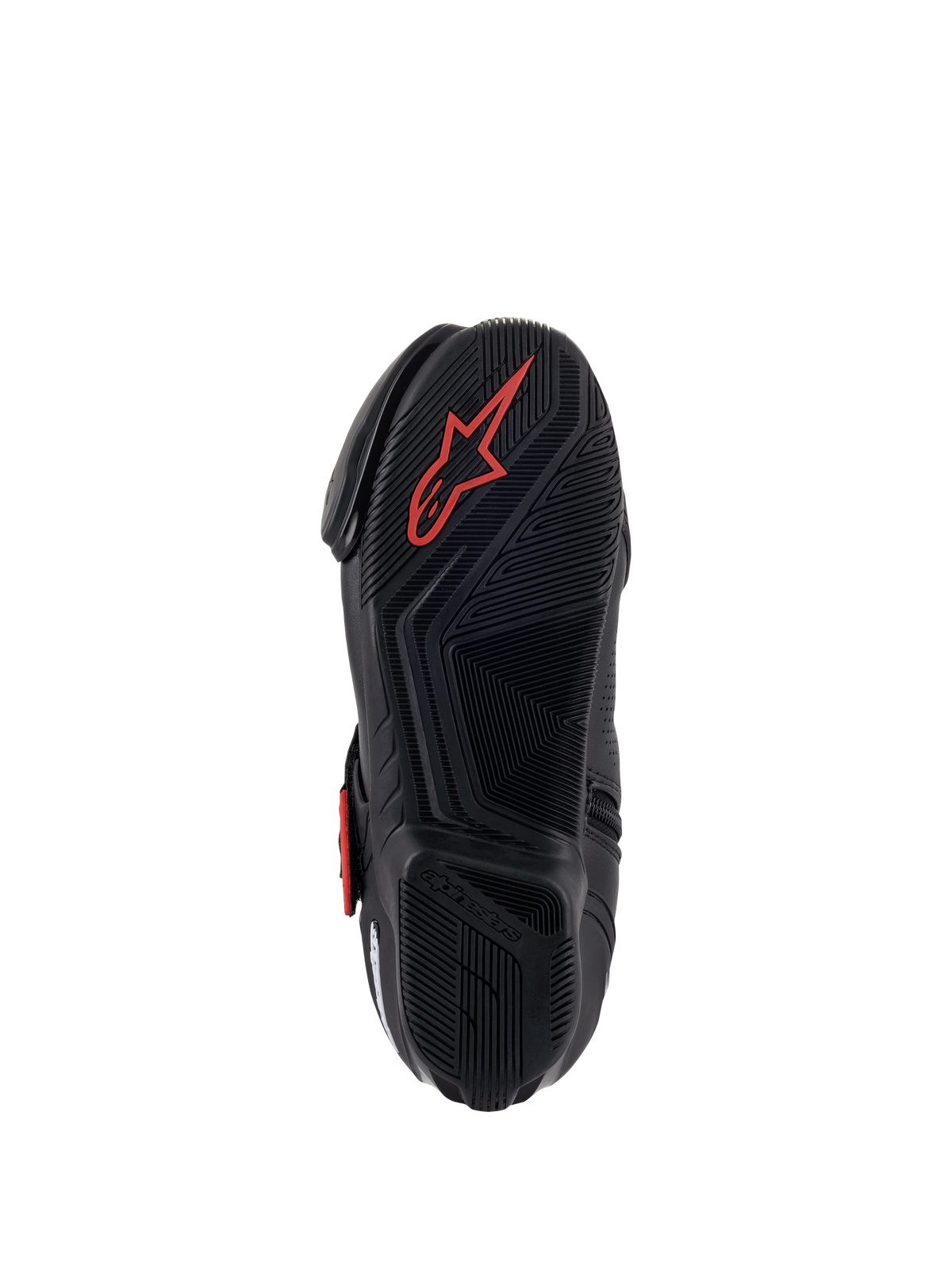 Alpinestars SMX-1 R V2 Vented Boots, Motorcycle Riding Shoe, Black and Red, Bottom view of the rubber compound sole featuring textured grip patterns and a red Astars logo