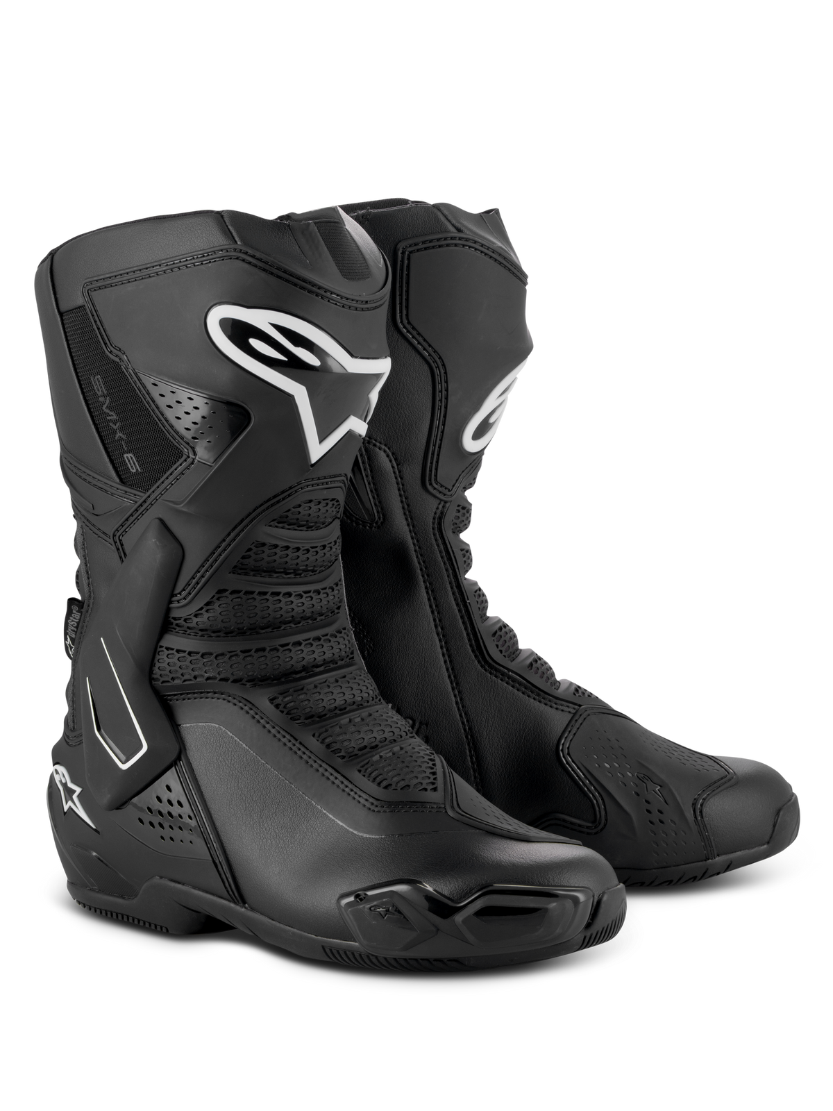 Alpinestars SMX-6 V3 Drystar® Boots, Performance Motorcycle Boots, Black, featuring TPU shin protectors with white Alpinestars logo, replaceable toe sliders, and advanced microfiber construction, sport and street riding gear