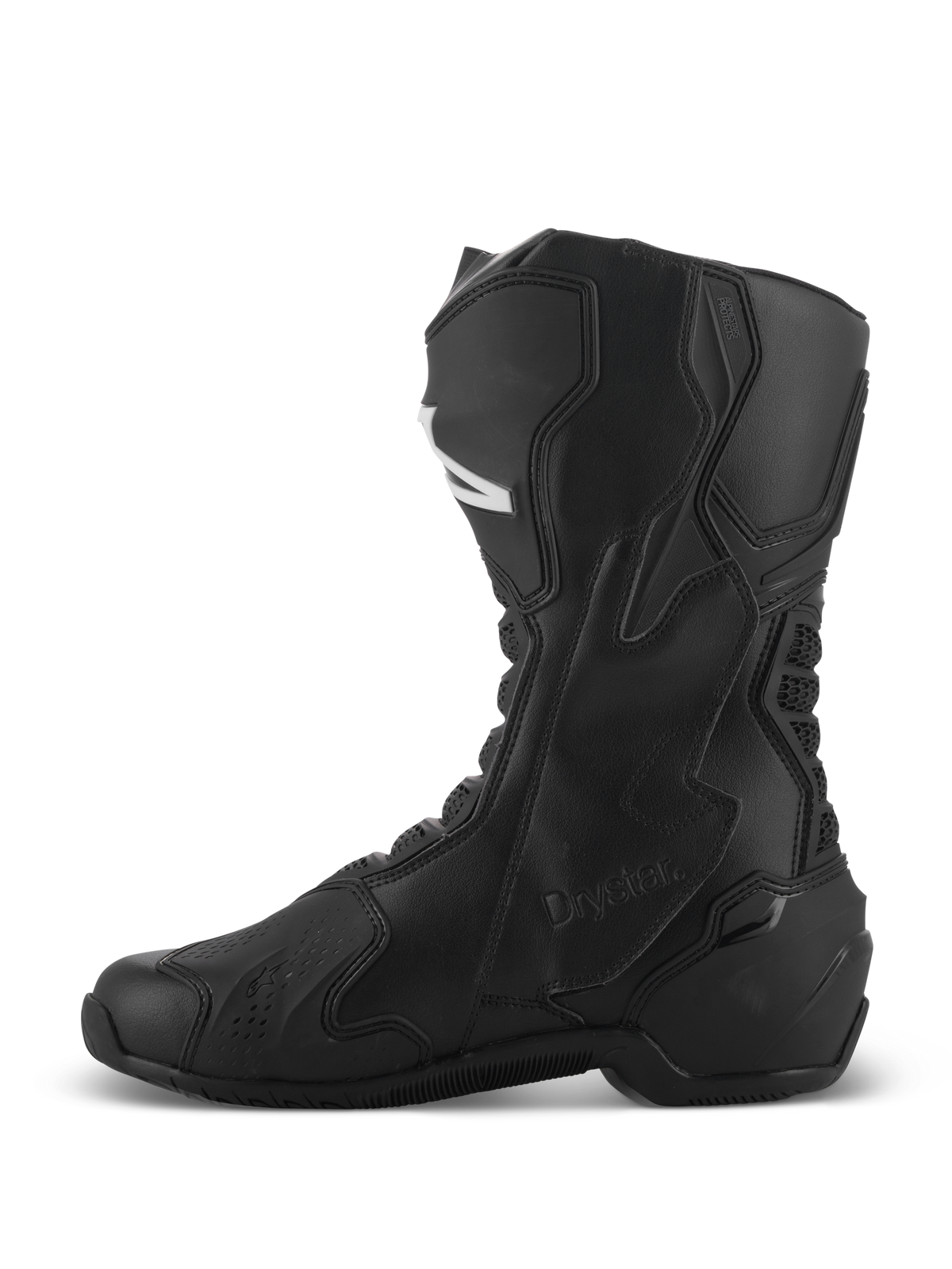 Alpinestars SMX-6 V3 Drystar® Boots, Black motorcycle performance boots, side profile showing high-cut microfiber construction, protective TPU panels, and Drystar branding