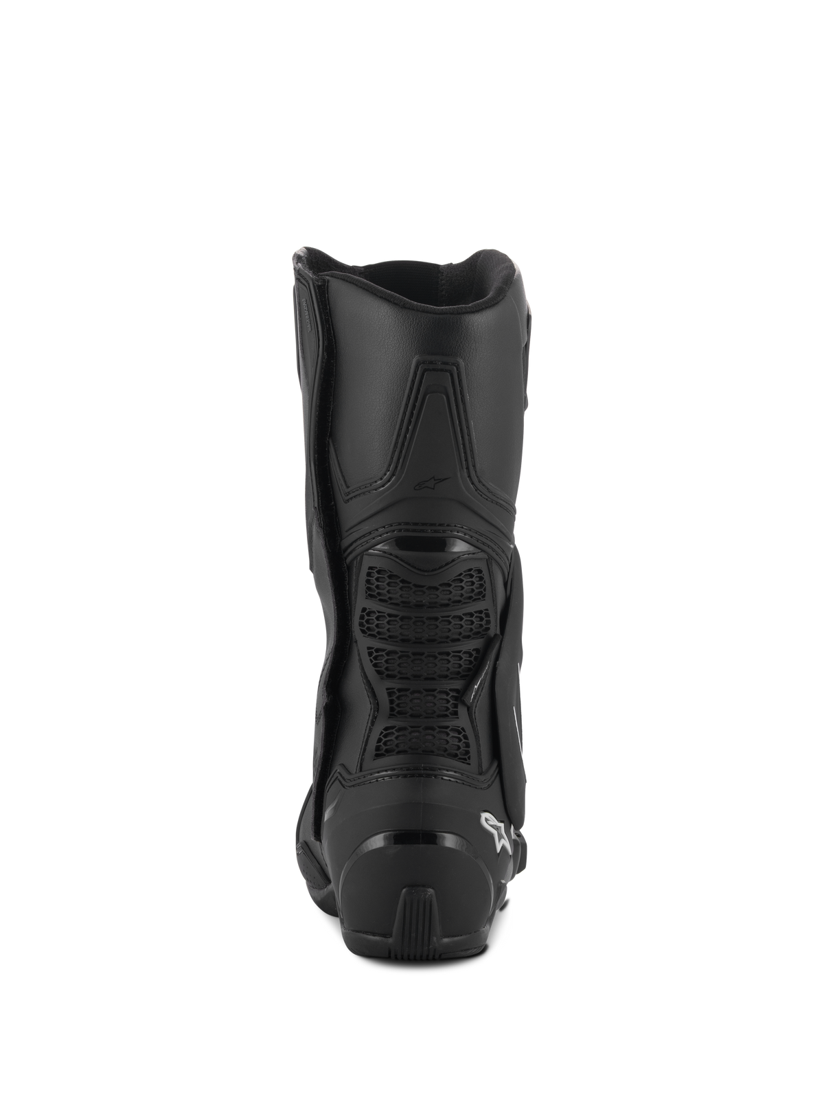 Alpinestars SMX-6 V3 Drystar® Boots, Performance Riding Boots, Black, rear view featuring TPU heel protector and back calf bridge with mesh detail, white logo on heel