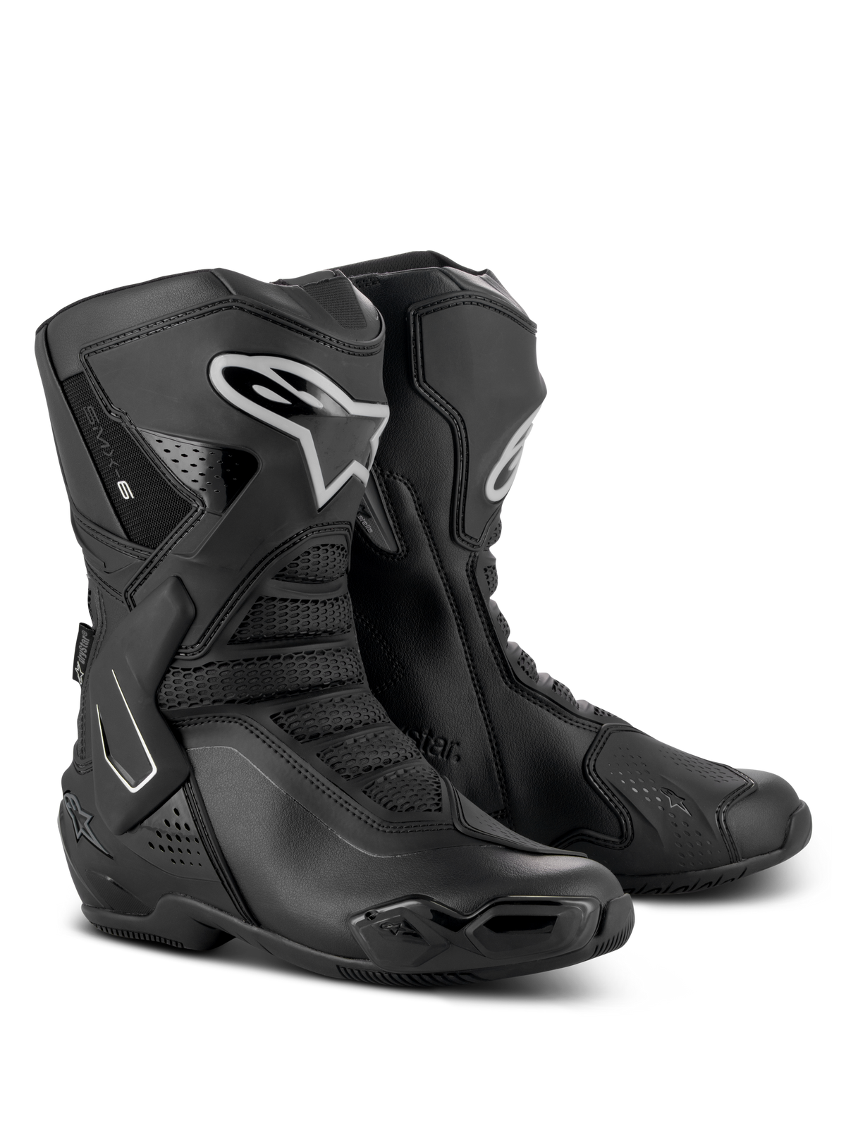 Buty Alpinestars Stella SMX-6 V3 Drystar, damskie wyczynowe buty motocyklowe, czarno-srebrne, wodoodporna cholewka z mikrofibry z ochroną TPU, wyścigowy design na tor i ulicę