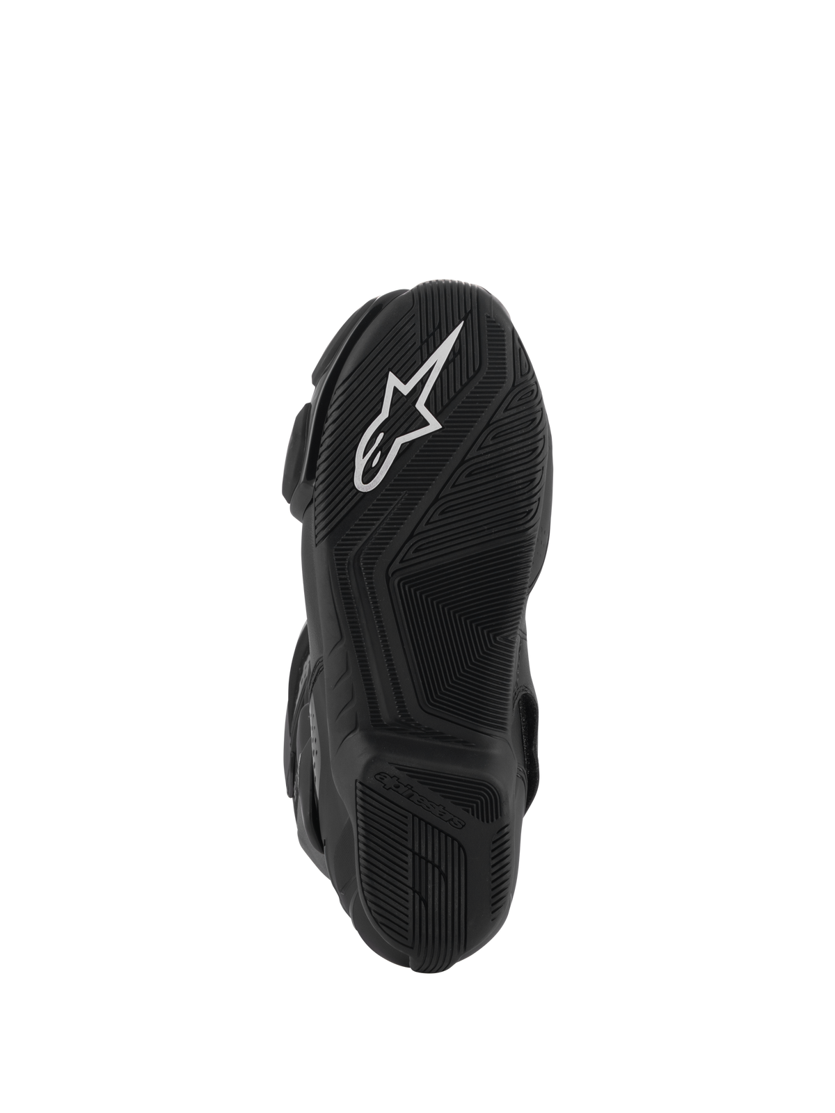 Alpinestars Stella SMX-6 V3 Drystar® Boots, bottom view of the black rubber sole, featuring a prominent white Alpinestars star logo, textured grip patterns for traction, and a streamlined design for motorcycle control.