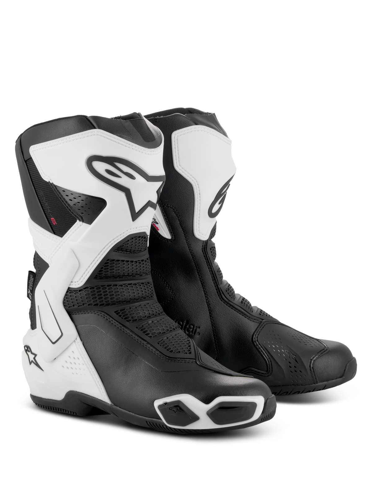 Buty Alpinestars Stella SMX-6 V3 Drystar®, damskie buty motocyklowe, biało-czarne, z ochronnymi nagolennikami z TPU, bocznymi stabilizatorami kostki i zintegrowanymi ślizgaczami, sportowy design z wyraźnym logo Alpinestars i akcentami z siatki