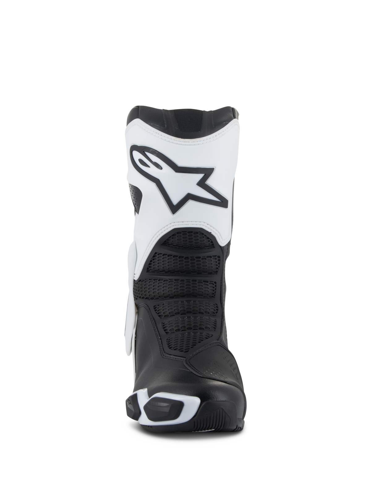 Buty Alpinestars Stella SMX-6 V3 Drystar®, damskie buty motocyklowe, biało-czarne, widok z przodu prezentujący biały ochraniacz goleni z logo Astars, czarne teksturowane strefy zgięcia i ochronne elementy TPU do jazdy wyczynowej.