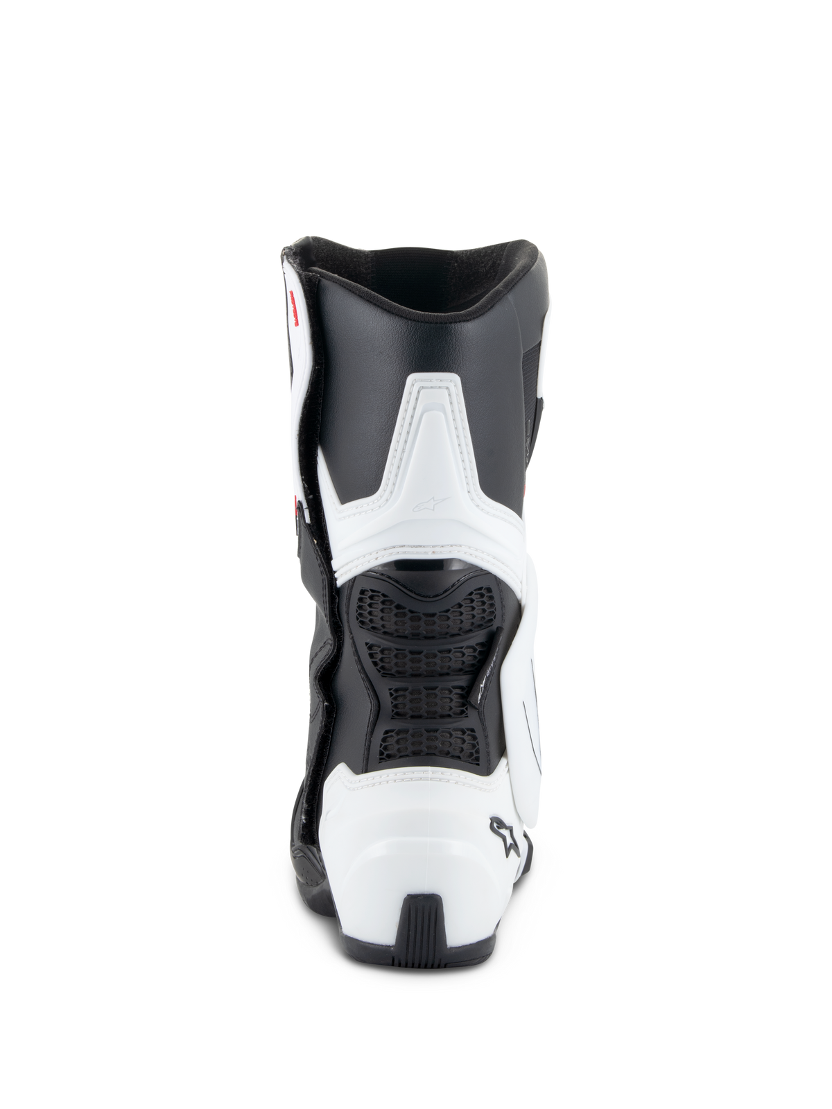 Buty Alpinestars Stella SMX-6 V3 Drystar®, damskie buty motocyklowe, biało-czarne, widok z tyłu z ochraniaczami łydki i pięty z TPU, elastycznymi czarnymi panelami z siatki i ergonomiczną konstrukcją inspirowaną wyścigami
