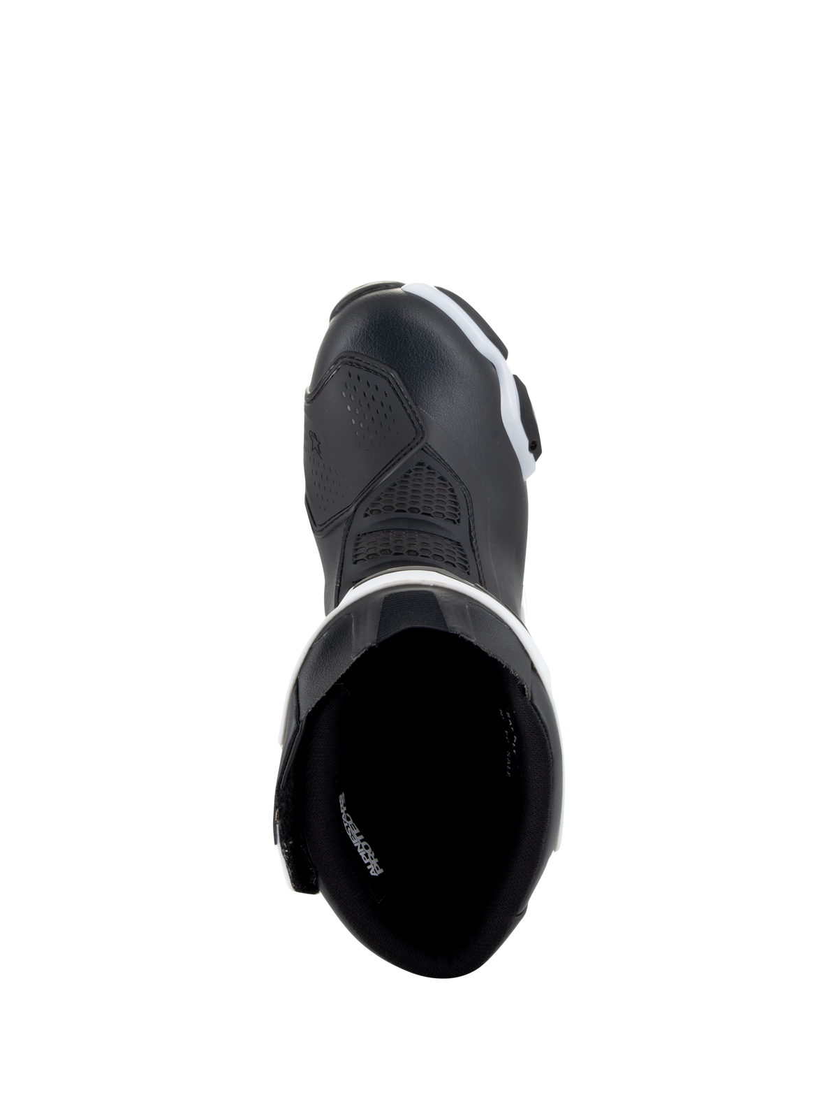 Buty Alpinestars Stella SMX-6 V3 Drystar®, damskie buty motocyklowe, czarno-białe, widok z góry ukazujący wewnętrzną wyściółkę i wzmocniony nosek, wodoodporna konstrukcja z mikrofibry do jazdy na torze i ulicy