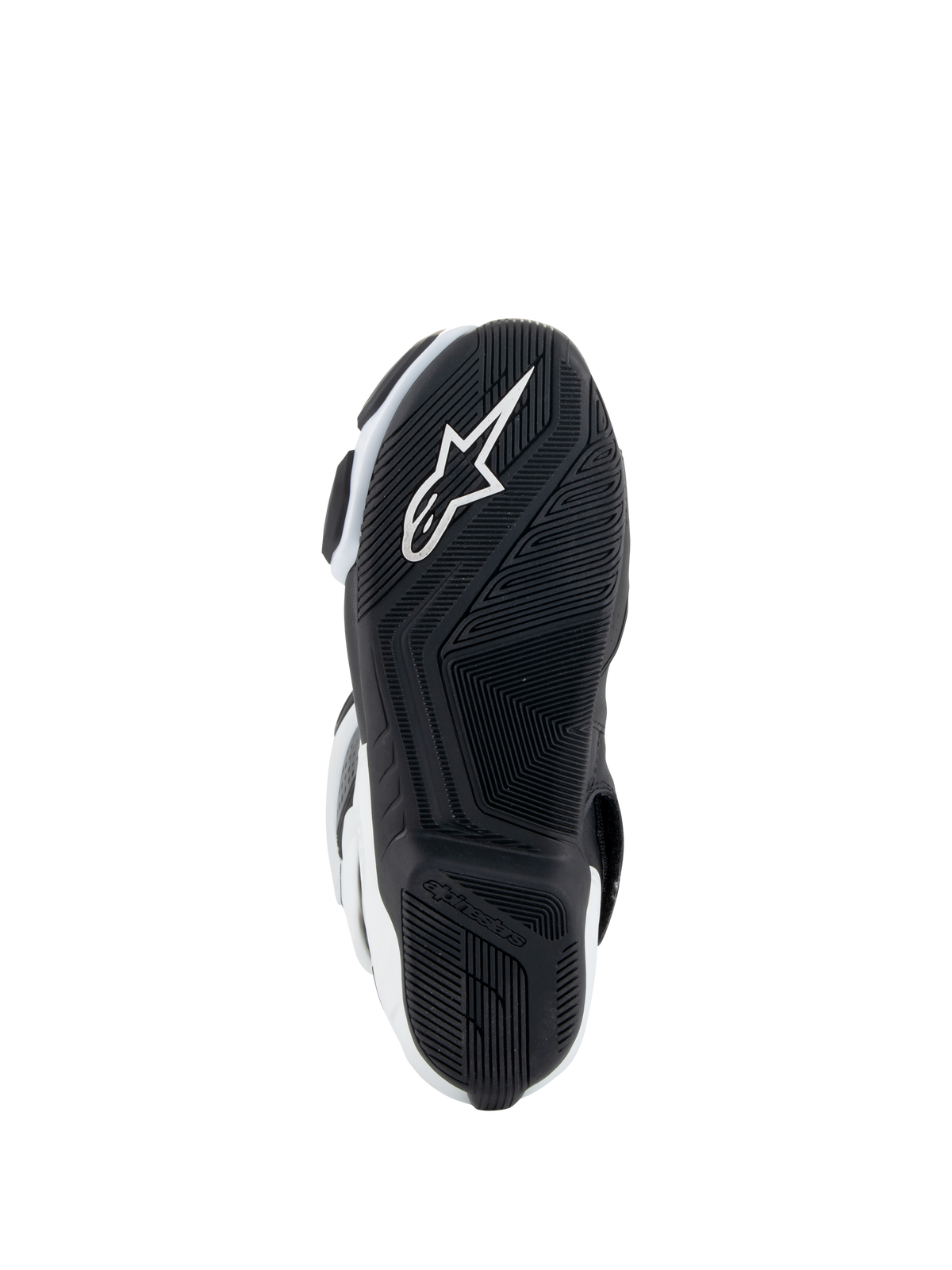 Alpinestars Stella SMX-6 V3 Drystar® Boots, damskie buty motocyklowe, biało-czarne, widok podeszwy z czarną gumową podeszwą zewnętrzną o teksturowanym wzorze przyczepności, zintegrowane białe logo gwiazdy Alpinestars oraz branding na pięcie