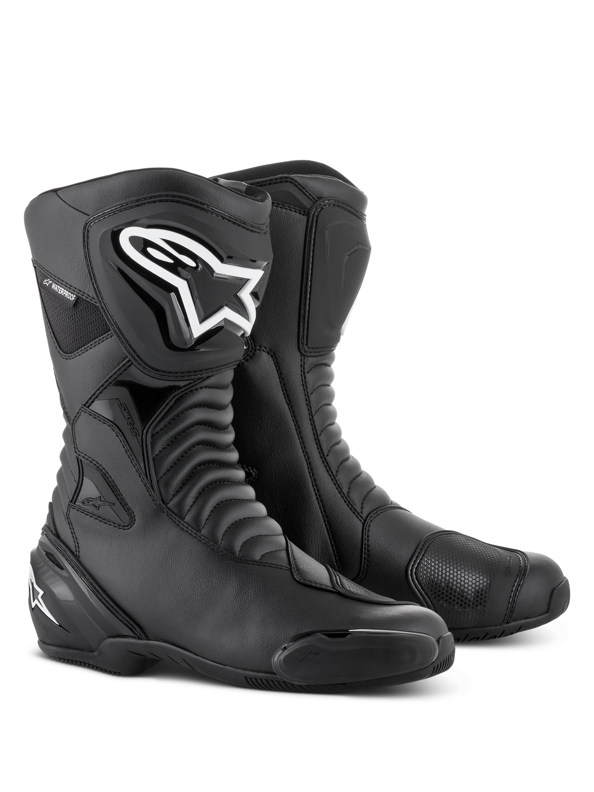 Alpinestars SMX S Waterproof Boots, wysokie buty motocyklowe w kolorze czarnym, elastyczne strefy harmonijkowe, białe logo na ochraniaczu goleni TPU, wzmocnienia pod dźwignię zmiany biegów i wymienne ślizgacze, do jazdy sportowo-turystycznej w każdych warunkach