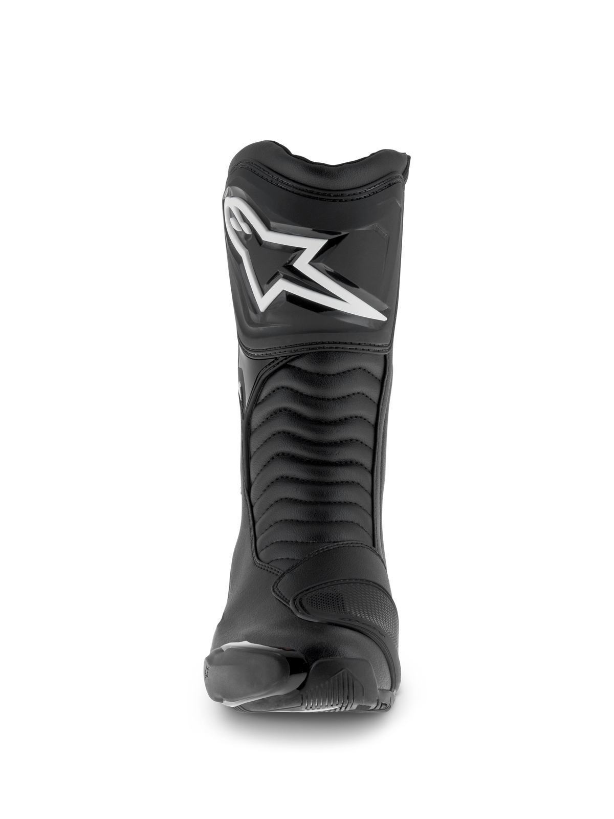 Alpinestars SMX S Waterproof Boots, buty motocyklowe, czarne, widok z przodu z białym logo Astar na ochraniaczu goleni, harmonijkowe panele elastyczne i wytrzymała konstrukcja z mikrofibry do jazdy sportowo-turystycznej.