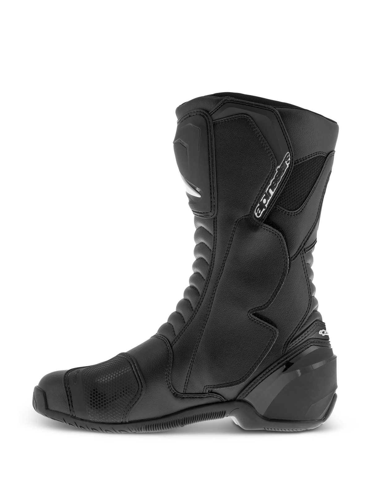 Alpinestars SMX S Waterproof Boots, czarne, wysokie buty motocyklowe z trwałą cholewką z mikrowłókna, ochraniaczami goleni i kostek z TPU oraz teksturowaną nakładką na dźwignię zmiany biegów, widok z boku.