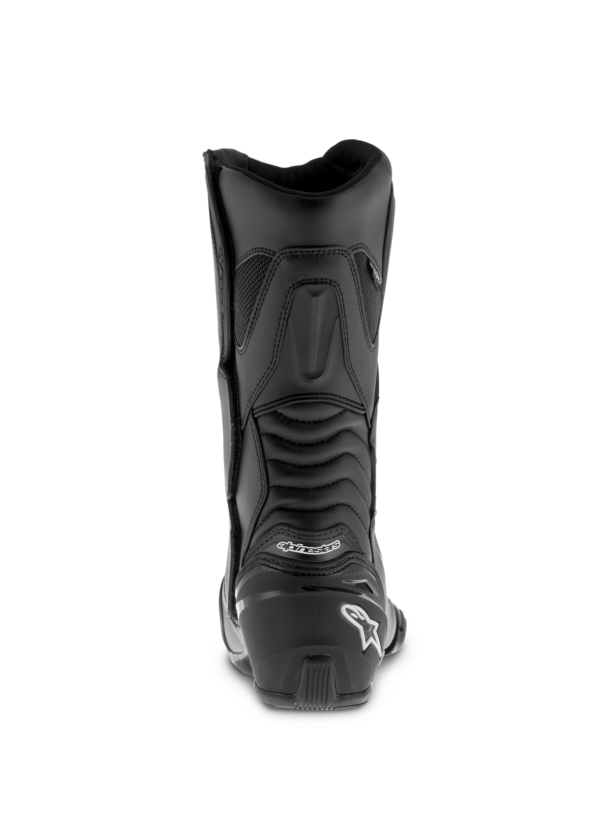 Alpinestars SMX S Waterproof Boots, czarne buty motocyklowe, profil z tyłu z wzmocnionym ochraniaczem pięty i białym logo, żebrowane elastyczne panele harmonijkowe zwiększające ruchomość kostki, wytrzymała konstrukcja z mikrofibry do jazdy sportowo-turystycznej