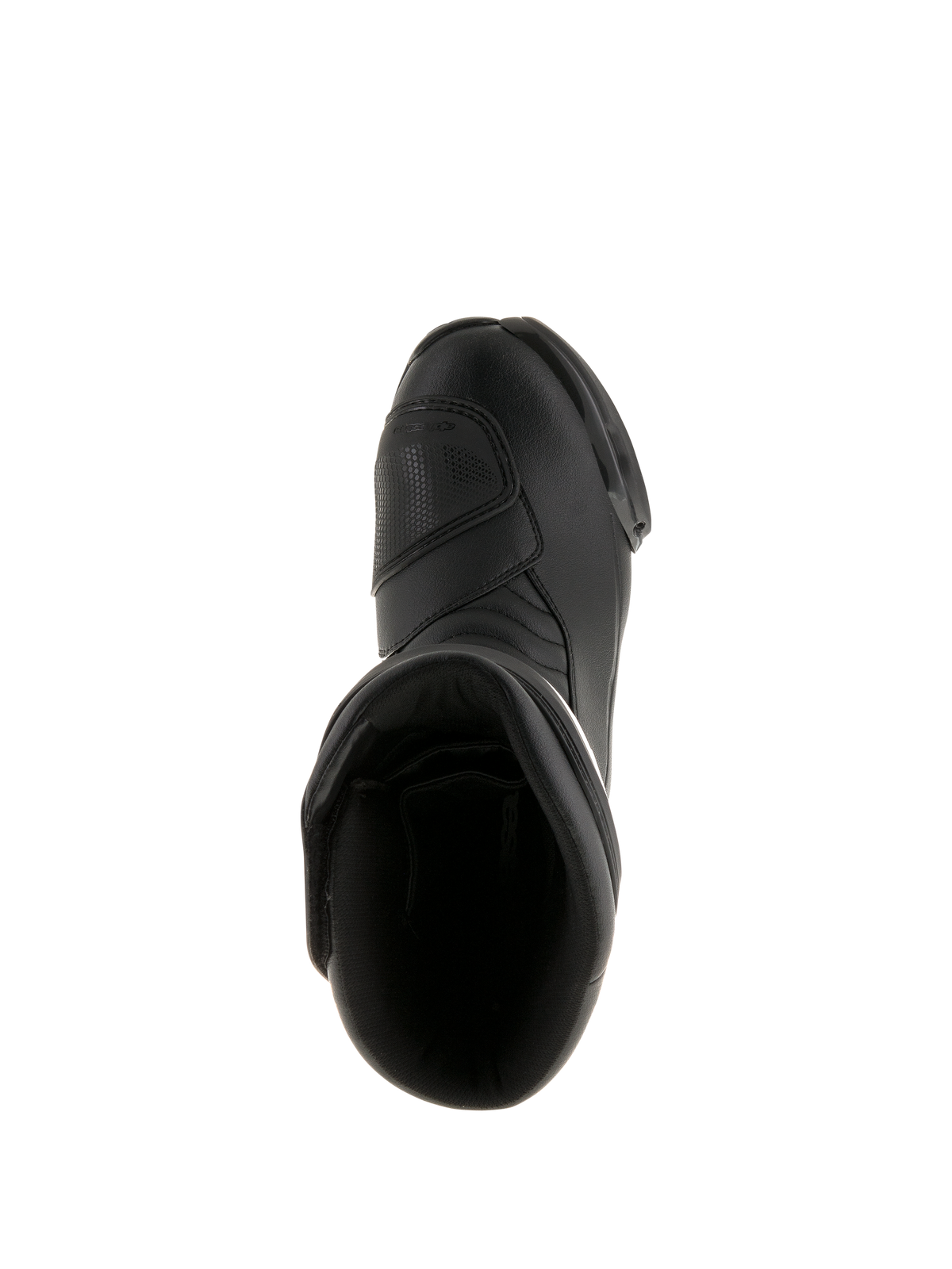 Alpinestars SMX S Waterproof Boots, czarne, widok z góry pokazujący otwór wewnętrzny i wytrzymałą cholewkę z mikrofibry, sportowo-turystyczne obuwie motocyklowe