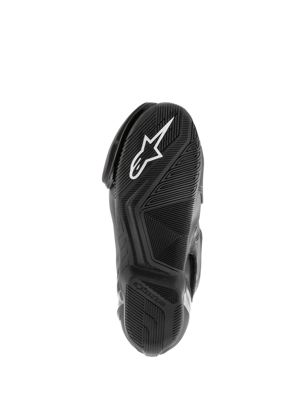 Alpinestars SMX S Waterproof Boots, buty motocyklowe, czarne, widok na teksturowaną gumową podeszwę z białym logo Astar i wzorem bieżnika odprowadzającym wodę