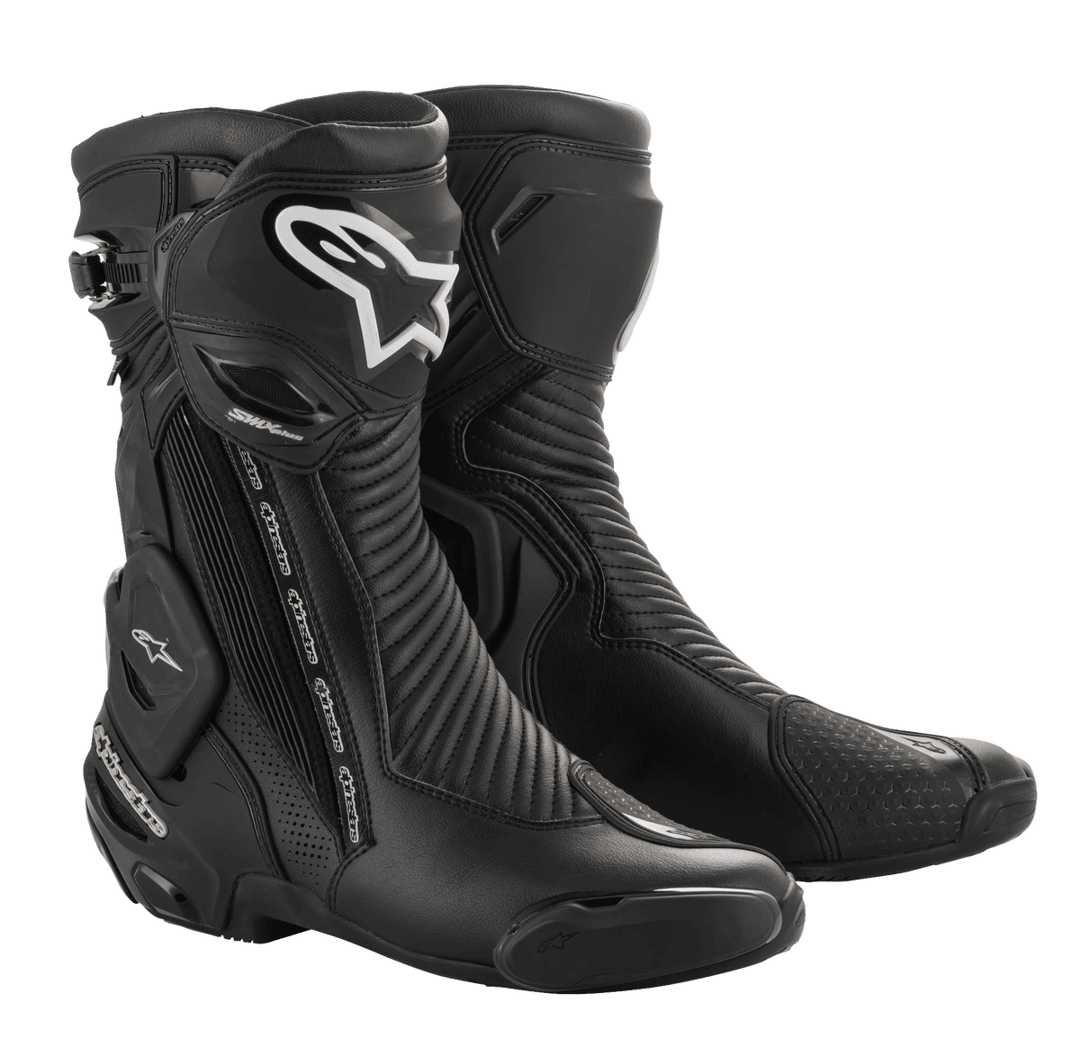 Alpinestars SMX Plus V2 GORE-TEX Boot, czarne motocyklowe buty wyścigowe ze srebrnymi i białymi logotypami, wodoodporna i oddychająca konstrukcja, ze wzmocnioną ochroną kostek, elastycznymi panelami akordeonowymi i ochronnymi płytami TPU do jazdy wyścigowej i sportowej