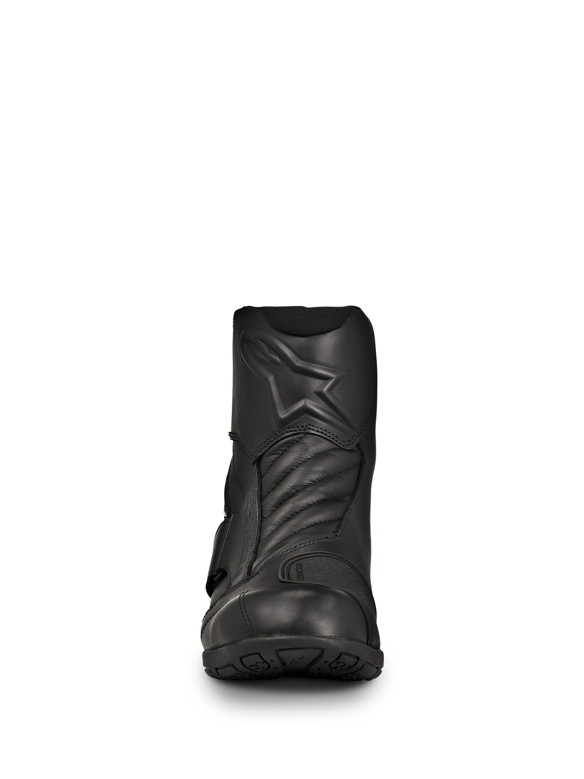 Alpinestars New Land GORE-TEX Boots, Black Road-Touring Motorcycle Boots, front view, full-grain leather construction with embossed star logo, accordion flex zones on the front, waterproof mid-length design for long-distance rides
