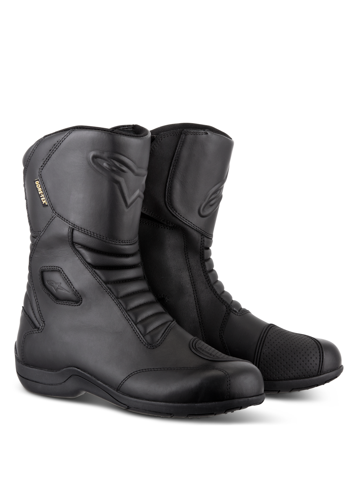 Buty Alpinestars Web GORE-TEX, czarne wodoodporne motocyklowe buty turystyczne, skórzana konstrukcja z przednimi i tylnymi elastycznymi strefami harmonijkowymi, wzmocniona nakładka na dźwignię zmiany biegów i boczny system wkładania stopy do jazdy szosowej.