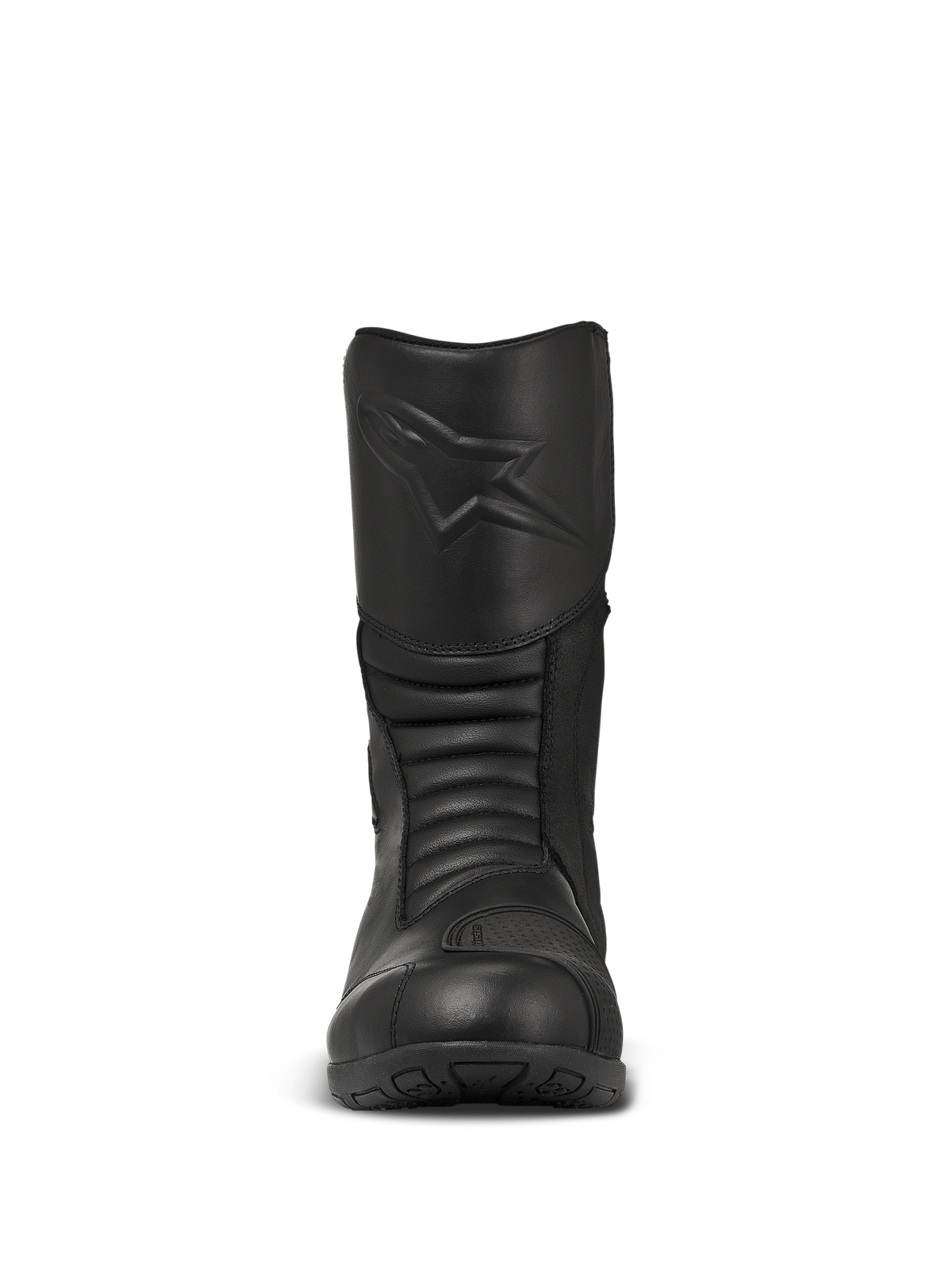 Buty Alpinestars Web GORE-TEX, czarne motocyklowe buty turystyczne, widok z przodu z wytłoczonym logo gwiazdy na goleni, harmonijkowe strefy elastyczne dla lepszej manewrowości, wytrzymała skórzana konstrukcja.