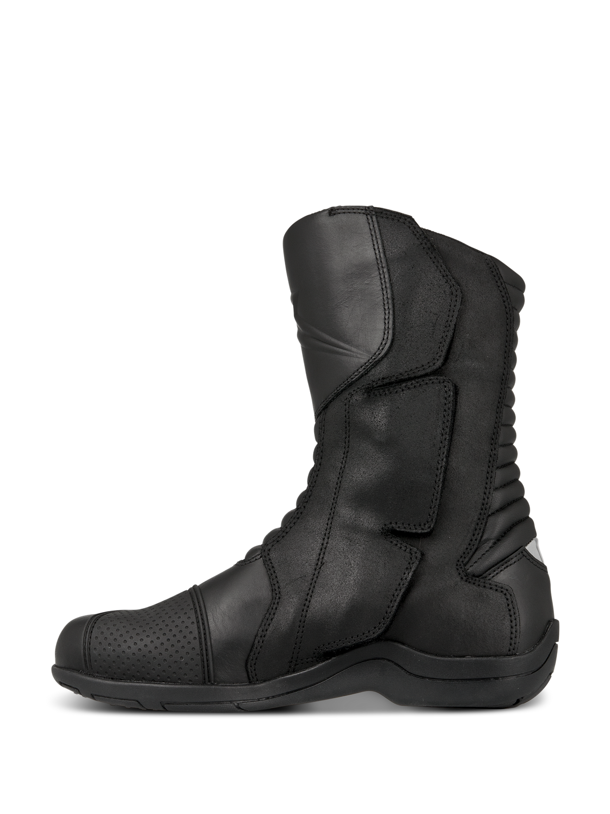 Alpinestars Web GORE-TEX Boots, turystyczne buty motocyklowe, czarne, widok z boku prezentujący skórzaną konstrukcję, boczny system wkładania z dużą klapą zapięcia oraz tylne harmonijkowe strefy elastyczne dla lepszej manewrowości.