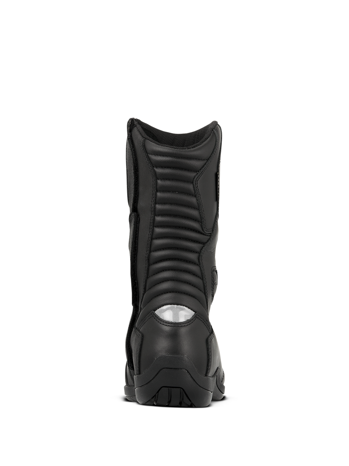 Buty Alpinestars Web GORE-TEX, wodoodporne motocyklowe buty turystyczne, czarne, widok z tyłu przedstawiający harmonijkowe strefy elastyczne i odblaskową wstawkę na pięcie dla lepszej widoczności w nocy, wytrzymała skórzana konstrukcja z solidną podeszwą