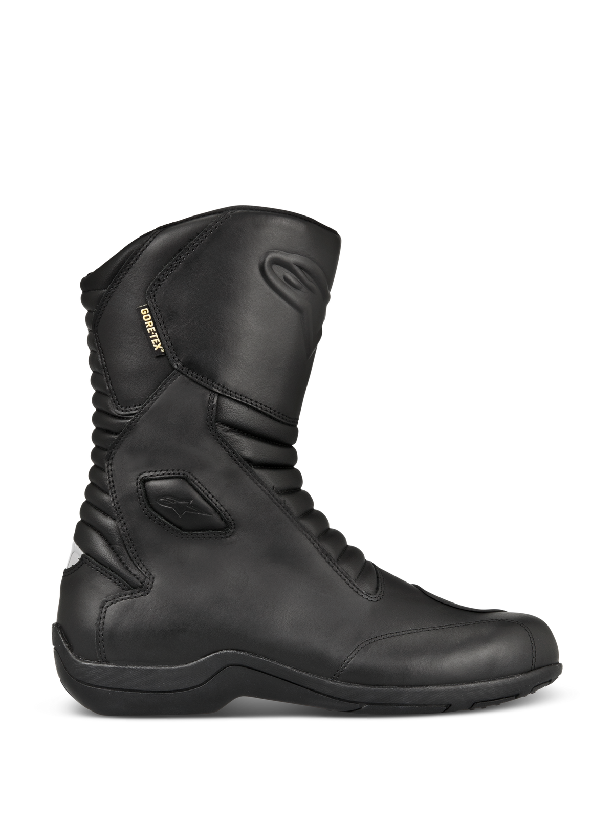 Alpinestars Web GORE-TEX Boots, czarne skórzane buty motocyklowe turystyczne, widok z profilu, wodoodporna membrana GORE-TEX, wzmocniona ochrona kostek i palców, przednie i tylne panele harmonijkowe, wytrzymała gumowa podeszwa, stylowy sprzęt szosowy na każdą pogodę