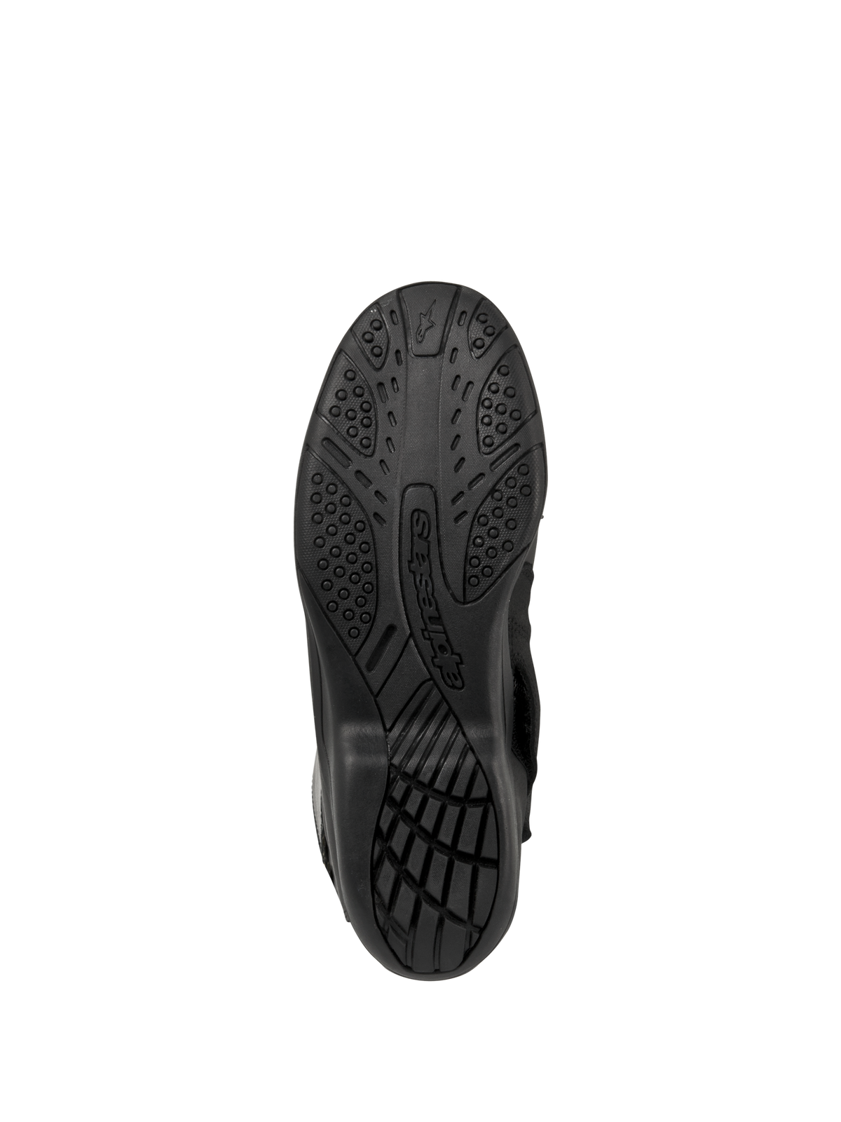 Buty Alpinestars Web GORE-TEX, motocyklowe buty turystyczne, czarne, widok podeszwy od dołu z teksturowanym gumowym bieżnikiem zapewniającym przyczepność oraz brandingiem Alpinestars