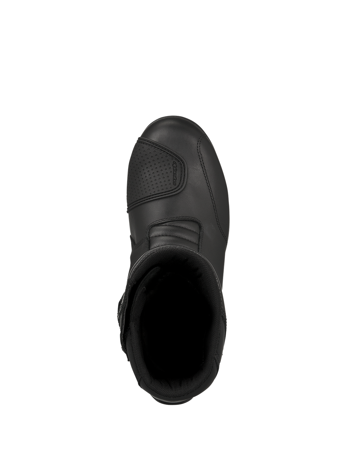 Buty Alpinestars Web GORE-TEX, czarne motocyklowe buty turystyczne, widok z góry pokazujący otwór wewnętrzny i teksturowane wzmocnienie pod dźwignię zmiany biegów, wytrzymała skórzana konstrukcja do jazdy szosowej