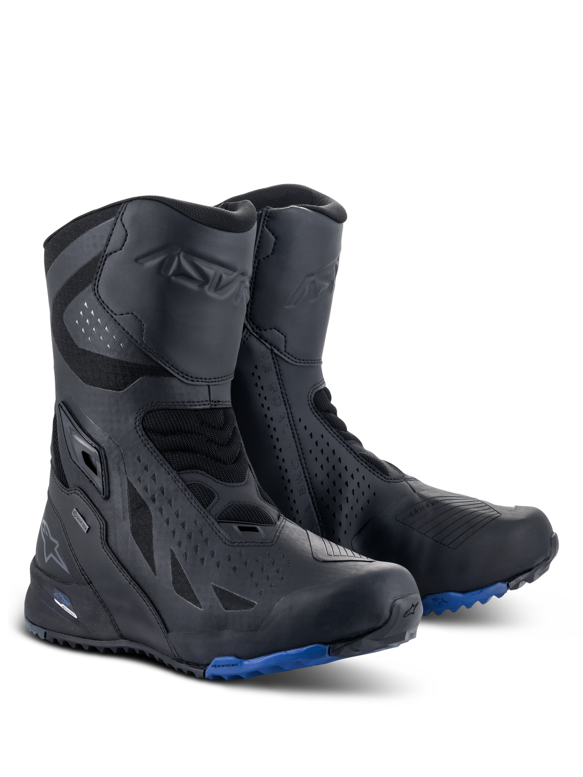 Buty Alpinestars RT-8 GORE-TEX, motocyklowe buty turystyczne, czarno-niebieskie, cholewka z technicznej mikrofibry i materiału syntetycznego, niebieska podeszwa z bieżnikiem zapewniająca przyczepność, wodoodporna konstrukcja GORE-TEX, ochrona goleni i pięty.
