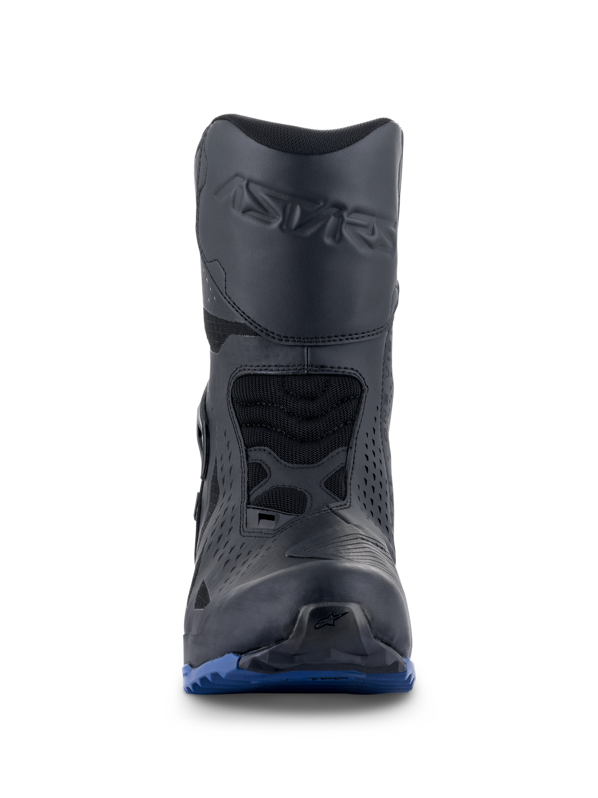 Buty Alpinestars RT-8 GORE-TEX, motocyklowe buty turystyczne, czarno-niebieskie, widok z przodu z wytłoczonym logo Astars na goleni, ochronnym wzmocnieniem pod dźwignię zmiany biegów oraz wytrzymałą niebieską podeszwą zapewniającą przyczepność w każdym terenie