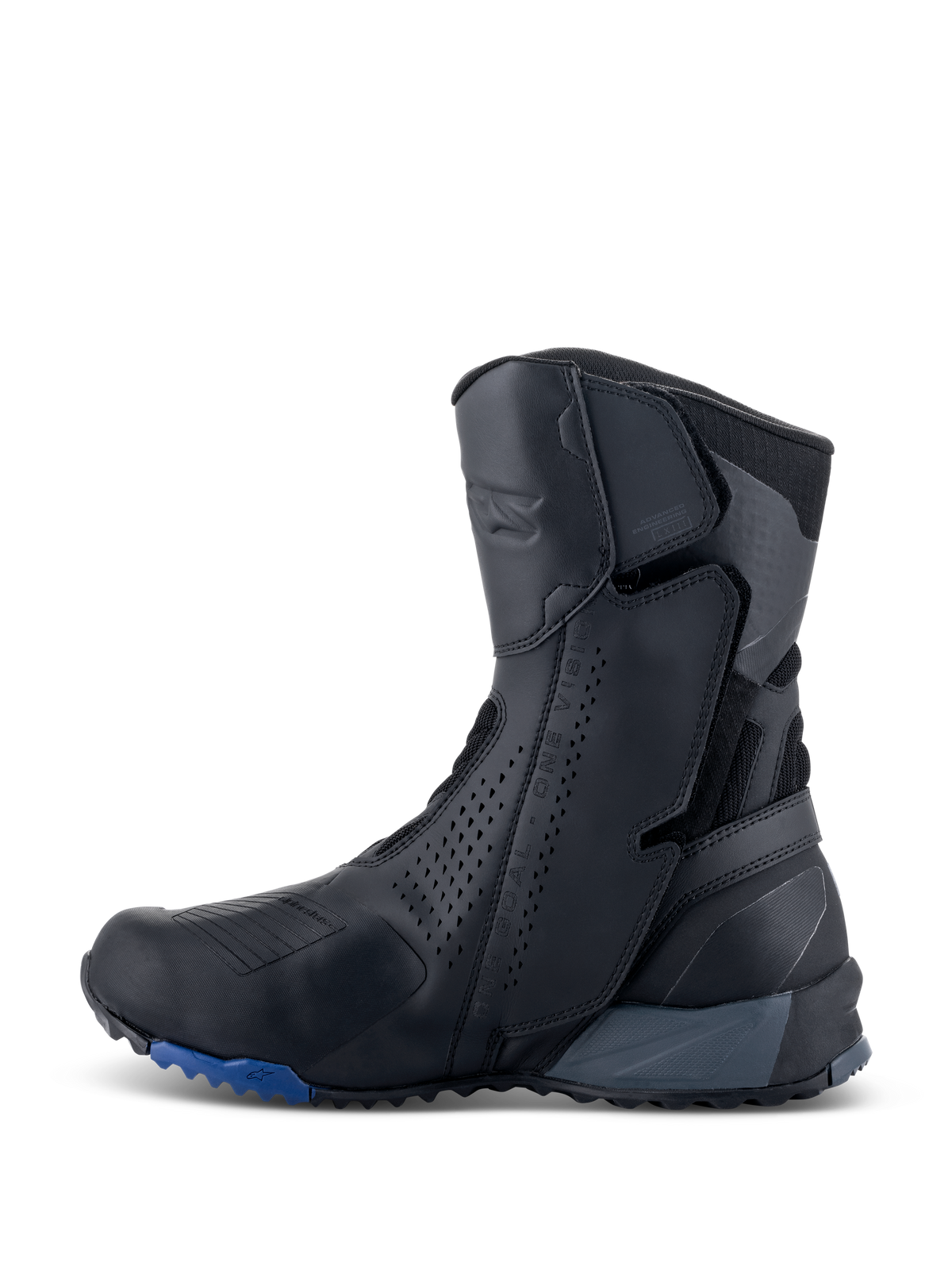 Buty Alpinestars RT-8 GORE-TEX, turystyczne buty motocyklowe, czarno-niebieskie, widok z boku, smukła cholewka z mikrofibry z perforowanymi panelami, zintegrowane strefy ochronne, wytrzymała podeszwa z niebieskimi akcentami