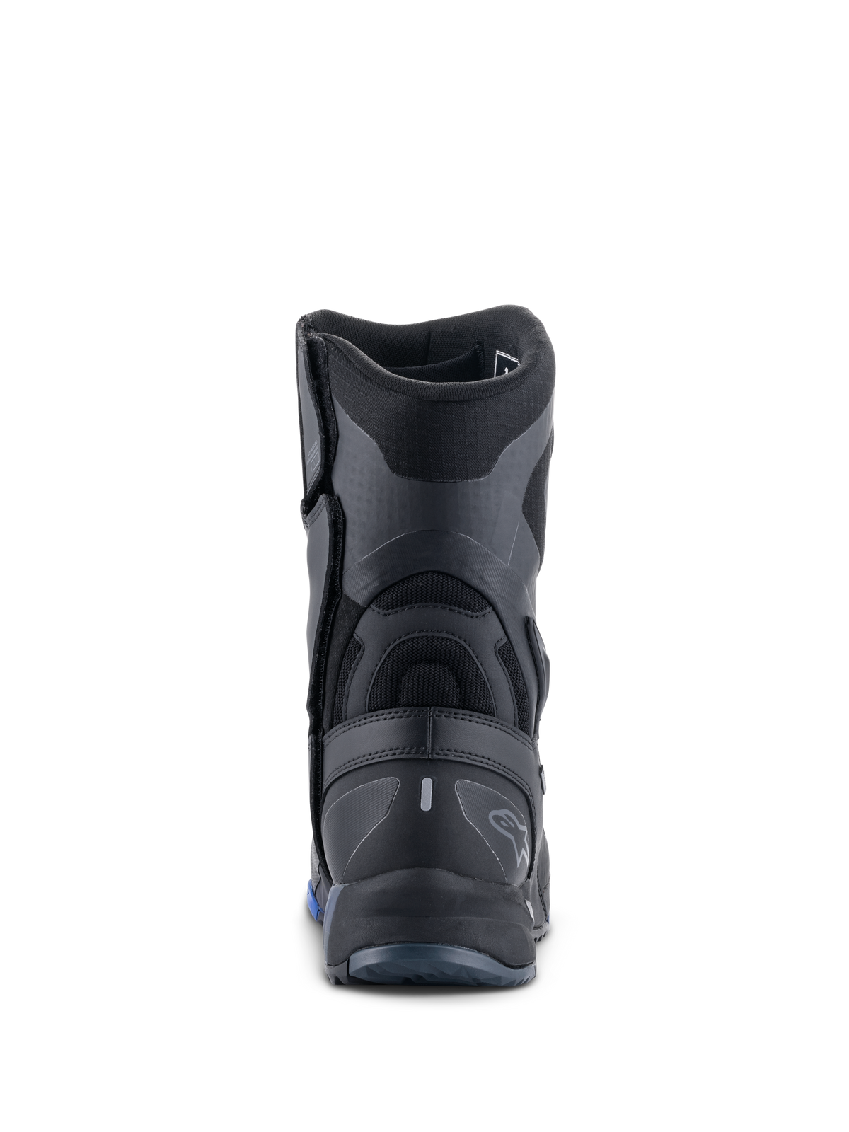 Buty Alpinestars RT-8 GORE-TEX, motocyklowe buty turystyczne, czarno-niebieskie, widok z tyłu eksponujący wzmocniony zapiętek, teksturowane panele syntetyczne oraz subtelne logo Alpinestars.
