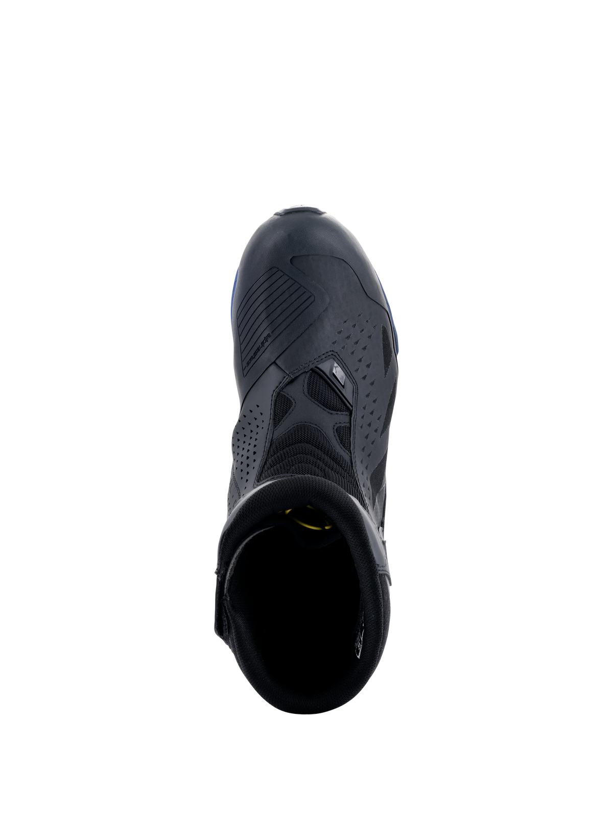 Buty Alpinestars RT-8 GORE-TEX, czarno-niebieskie, widok z góry pokazujący nakładkę na dźwignię zmiany biegów, perforowane panele z mikrofibry i niebieskie akcenty na podeszwie, techniczne wodoodporne turystyczne obuwie motocyklowe