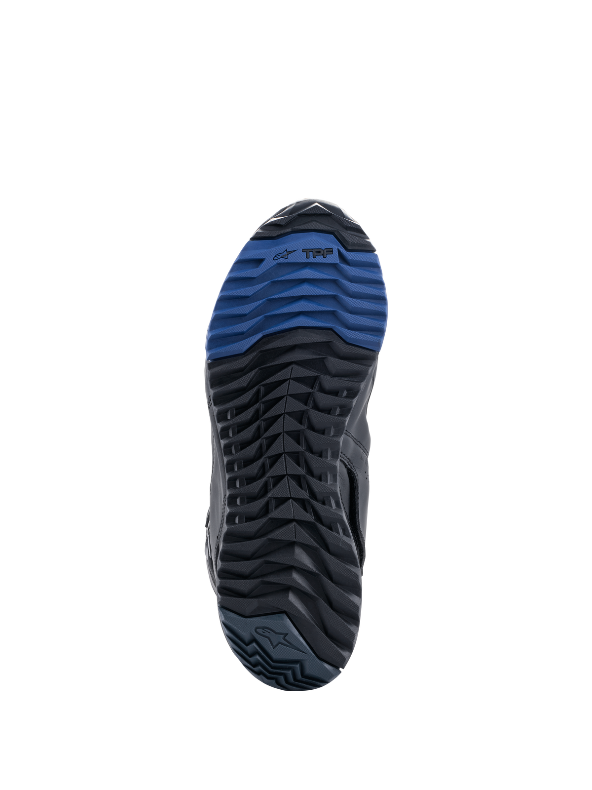 Buty Alpinestars RT-8 GORE-TEX, widok podeszwy, czarno-niebieska gumowa podeszwa zewnętrzna z wyraźnym bieżnikiem i logo TPF, zapewniająca przyczepność i komfort chodzenia w terenie adventure touring