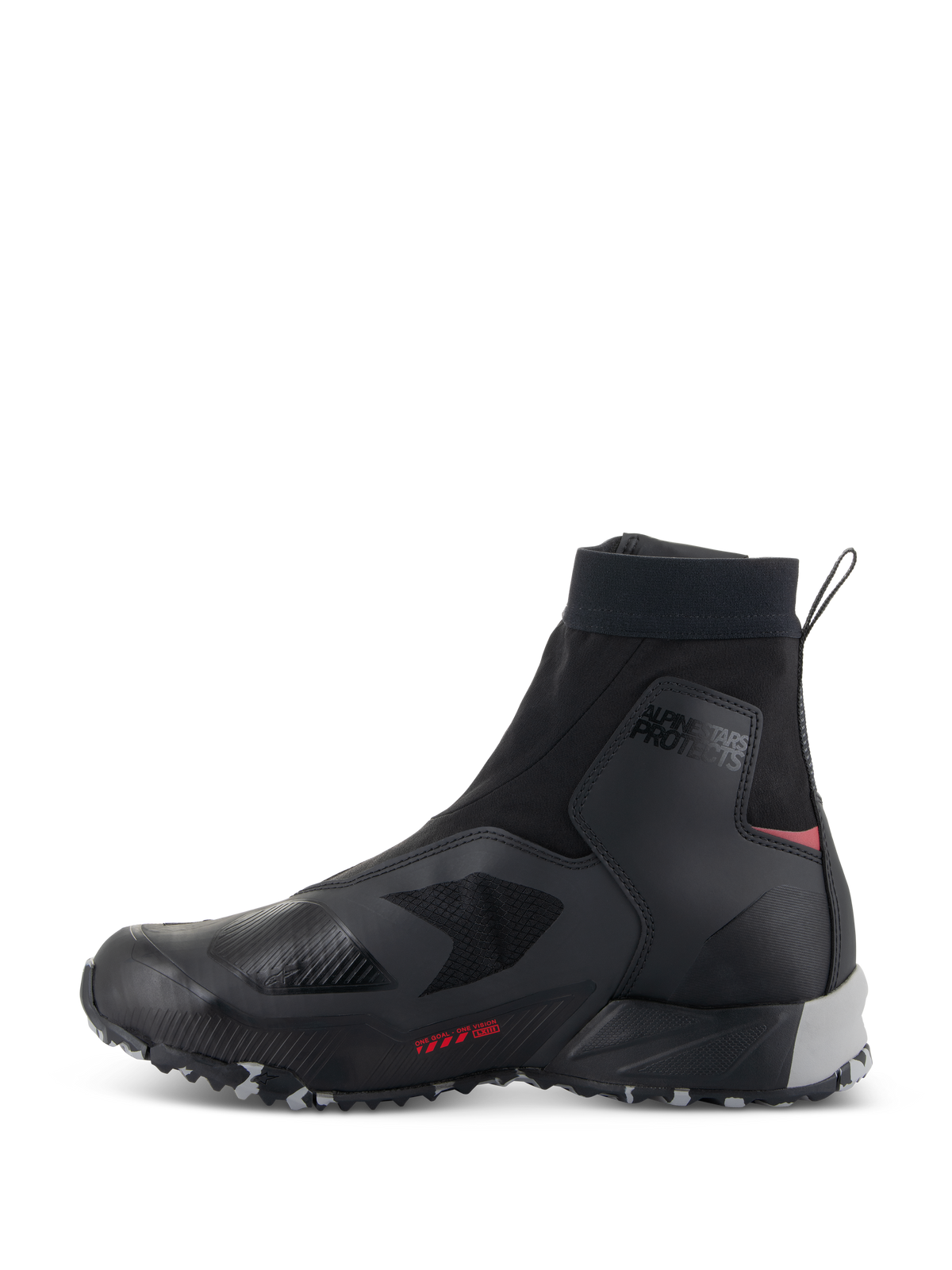 Alpinestars CR-8 GORE-TEX Shoes, Waterproof Riding Shoes, Black Mid Gray and Bright Red, side profile view featuring a sleek black textile upper, high-cut elasticated collar, 'ALPINESTARS PROTECTS' ankle branding, mid-gray heel support, and bright red accents.