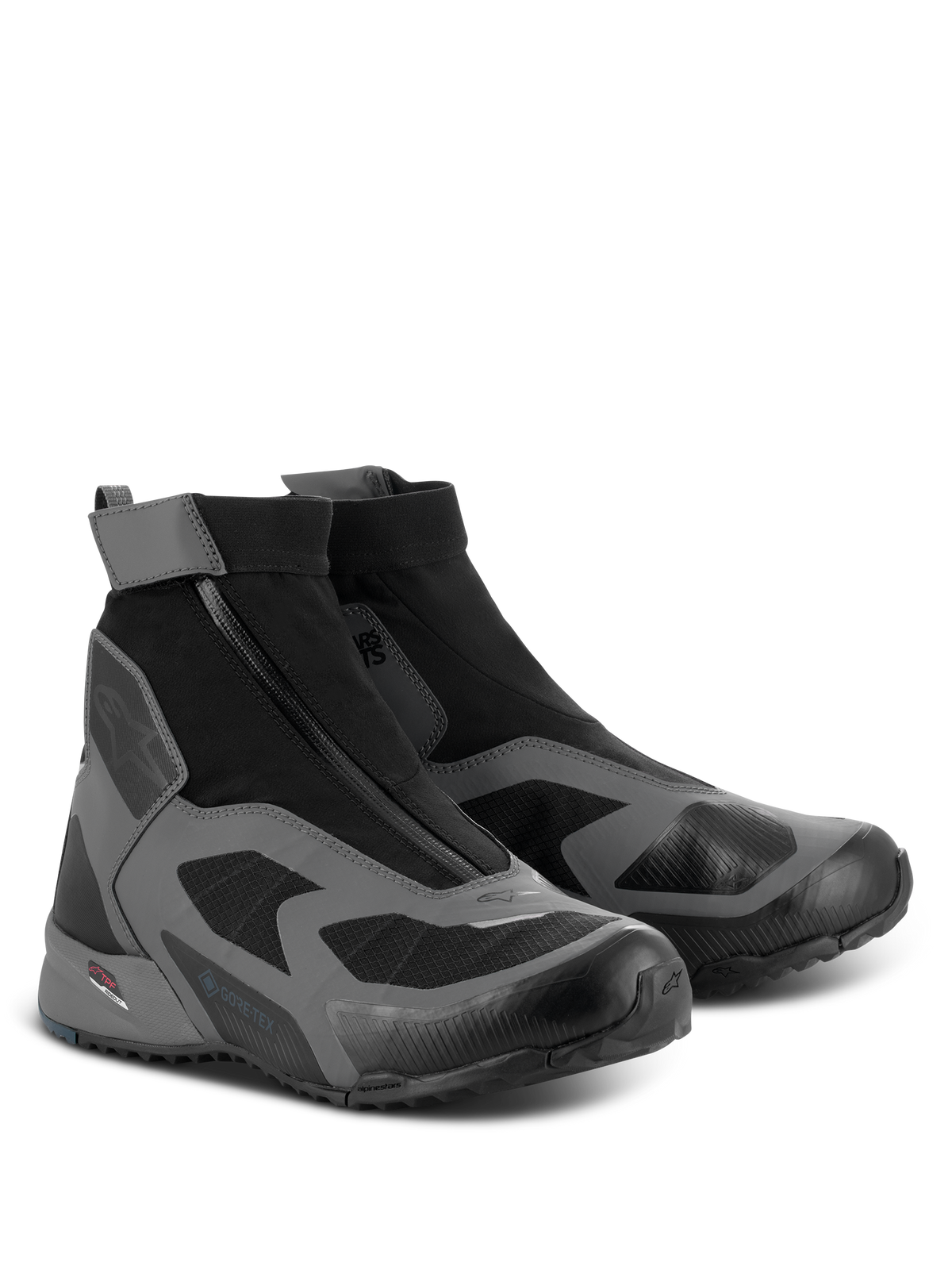 Buty Alpinestars CR-8 GORE-TEX, motocyklowe buty jeździeckie, czarne, ciemnoszare i niebieskie petrol, wysoka wodoodporna konstrukcja z ukośnym zapięciem na zamek i logo GORE-TEX