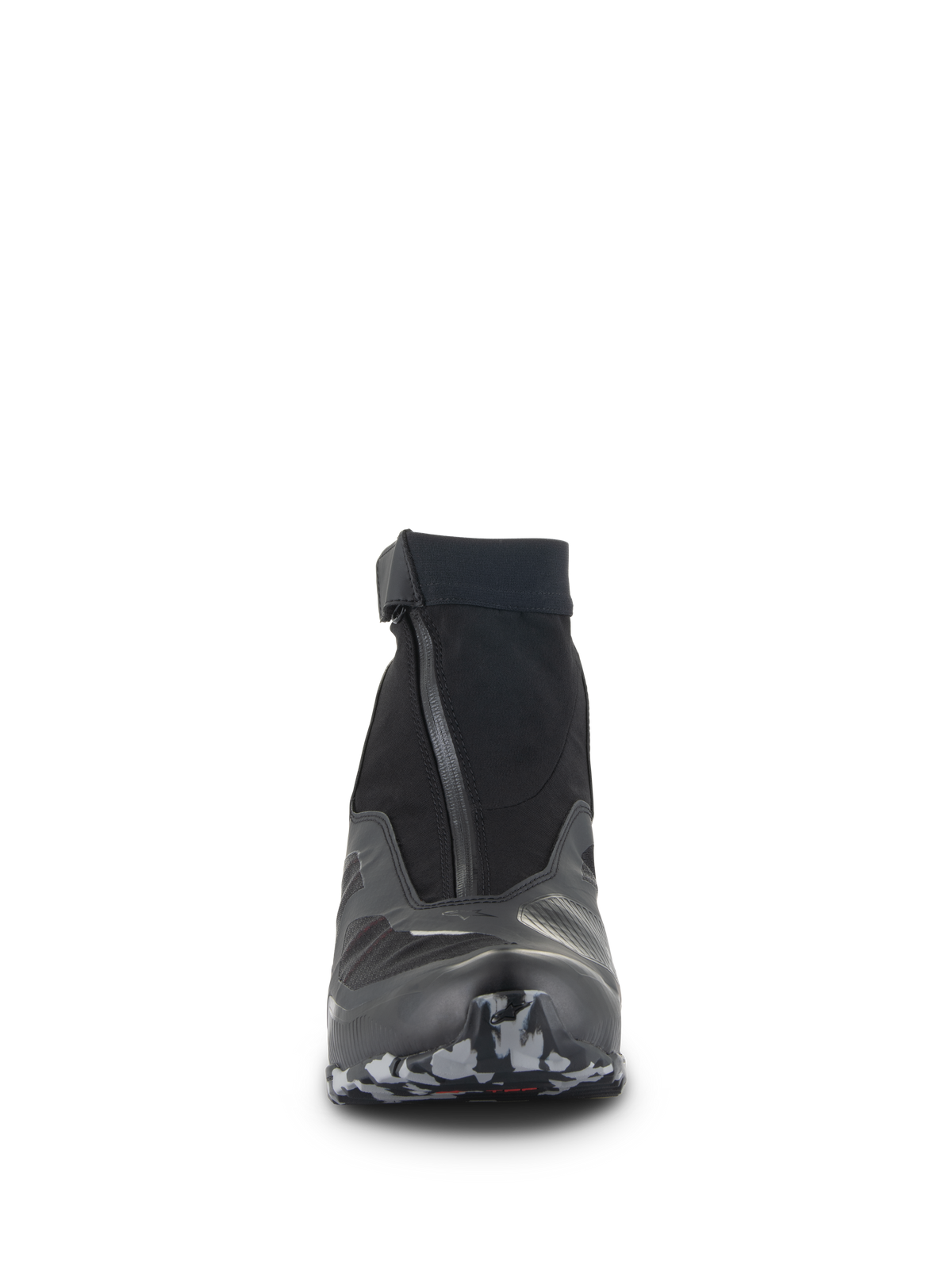 Buty Alpinestars CR-8 GORE-TEX, widok z przodu, czarne i ciemnoszare, wysokie buty motocyklowe z ukośnym wodoodpornym zamkiem, elastycznym kołnierzem i teksturowanym czubkiem podeszwy, techniczne obuwie turystyczne adventure