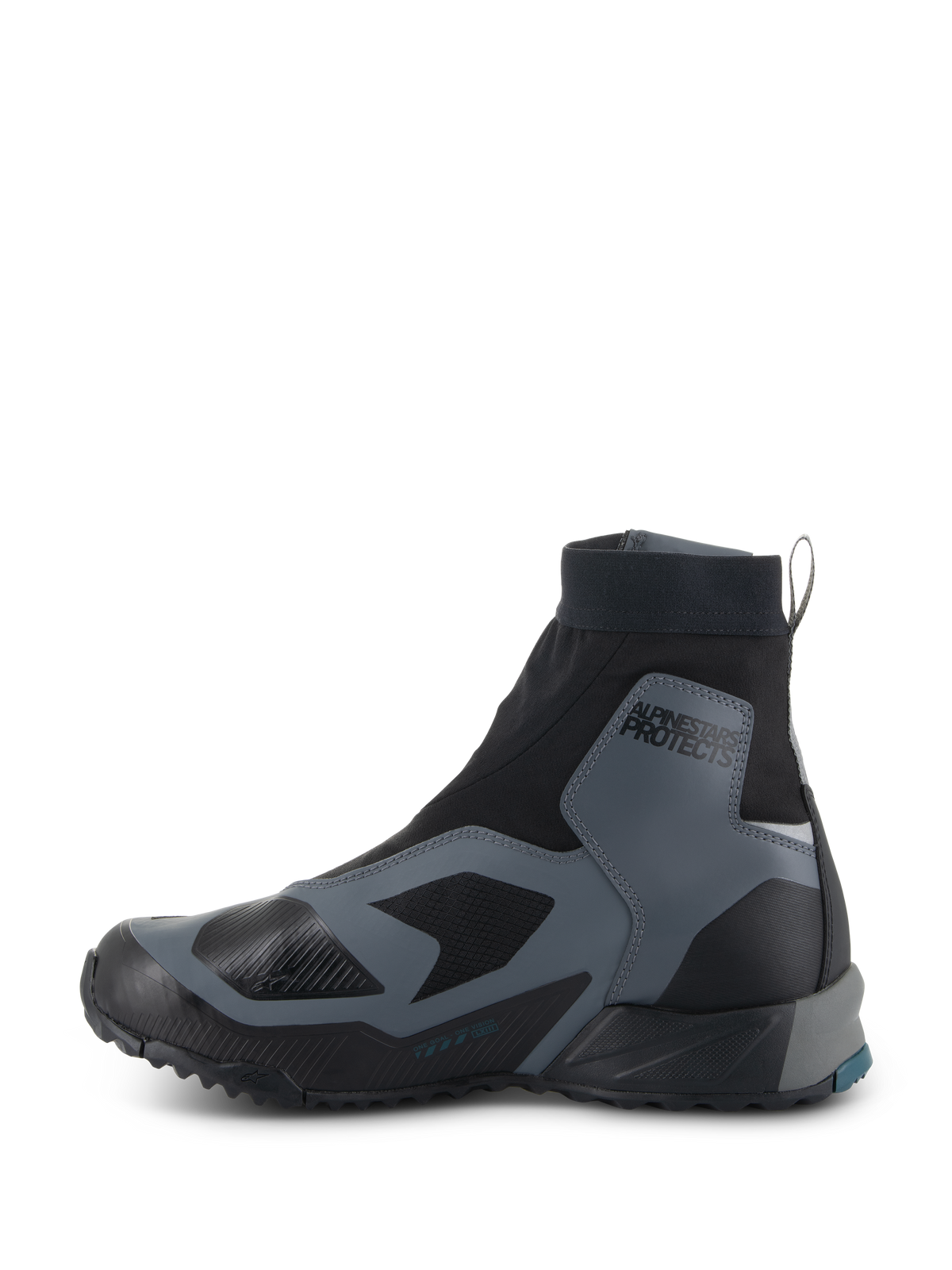 Buty Alpinestars CR-8 GORE-TEX, buty motocyklowe, czarne i ciemnoszare, profil boczny z wysoką elastyczną cholewką, ochronne nakładki, napis „ALPINESTARS PROTECTS” na kostce, wytrzymała gumowa podeszwa, wodoodporne i oddychające, do turystyki adventure