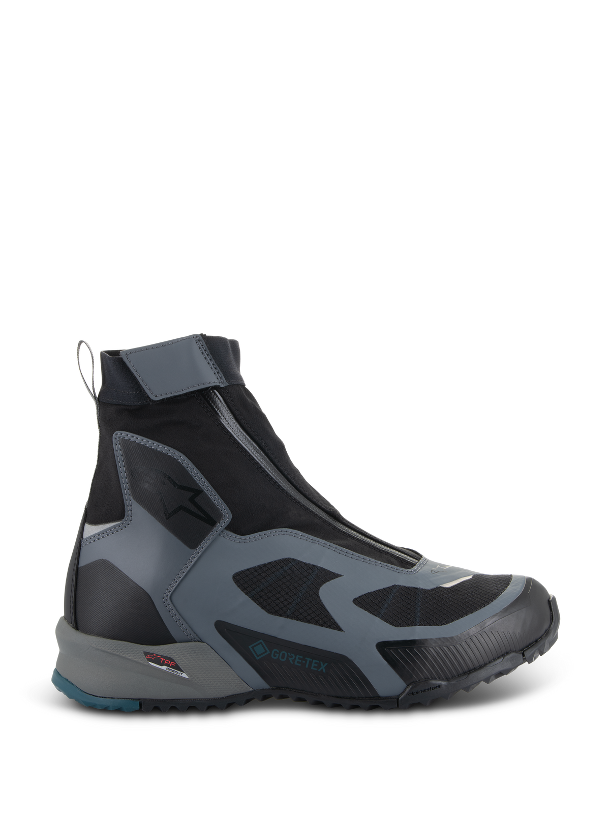 Alpinestars CR-8 GORE-TEX Shoes, czarne i ciemnoszare buty motocyklowe, wodoodporna wysoka konstrukcja z ukośnym zamkiem, oddychające panele tekstylne, rama ochronna TPF, wytrzymała podeszwa z akcentem petrol blue na pięcie