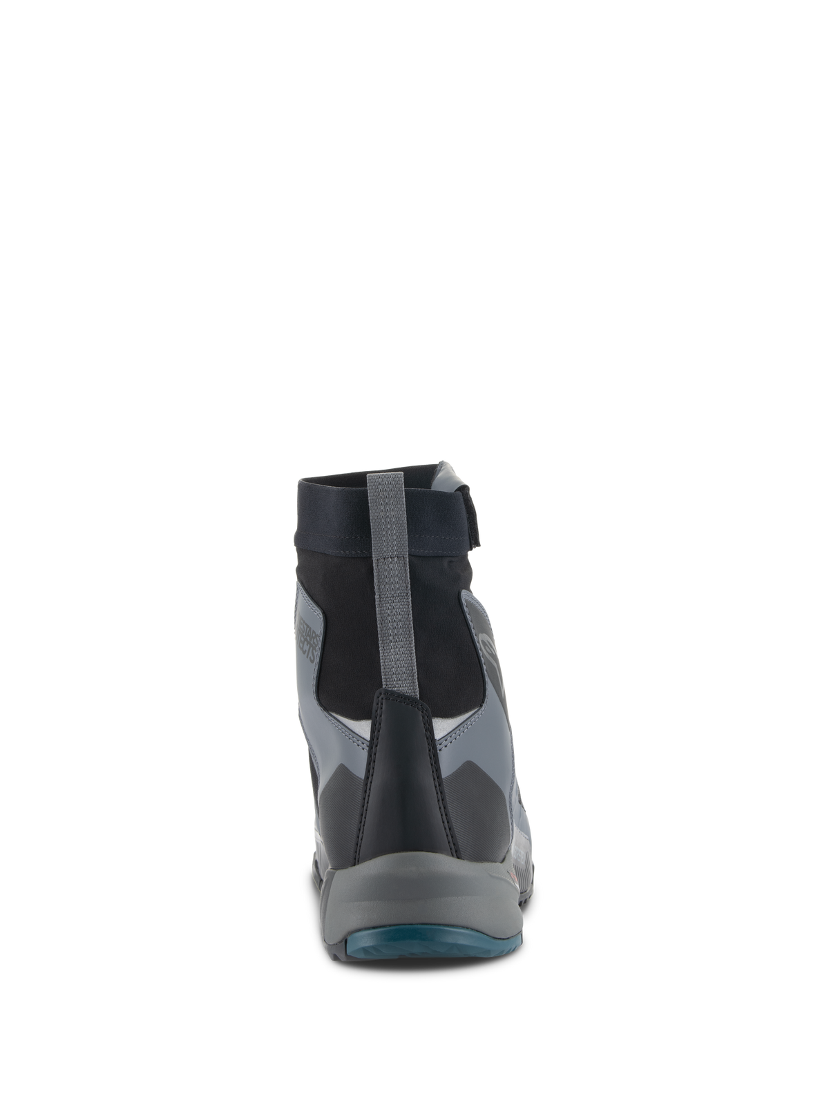Buty Alpinestars CR-8 GORE-TEX, buty motocyklowe, czarne, ciemnoszare i niebieskie Petrol Blue, widok z tyłu prezentujący wysoki wodoodporny botek, szary uchwyt na pięcie i warstwowe panele ochronne