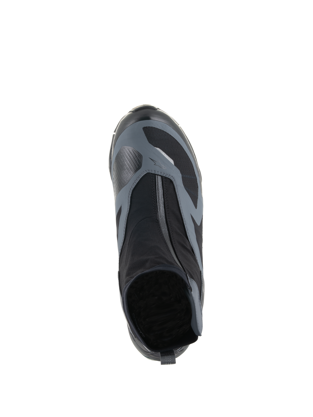 Buty Alpinestars CR-8 GORE-TEX, czarne i ciemnoszare, widok z góry ukazujący ukośny wodoodporny zamek błyskawiczny oraz cholewkę z technicznego materiału tekstylnego, zaprojektowane do turystyki adventure