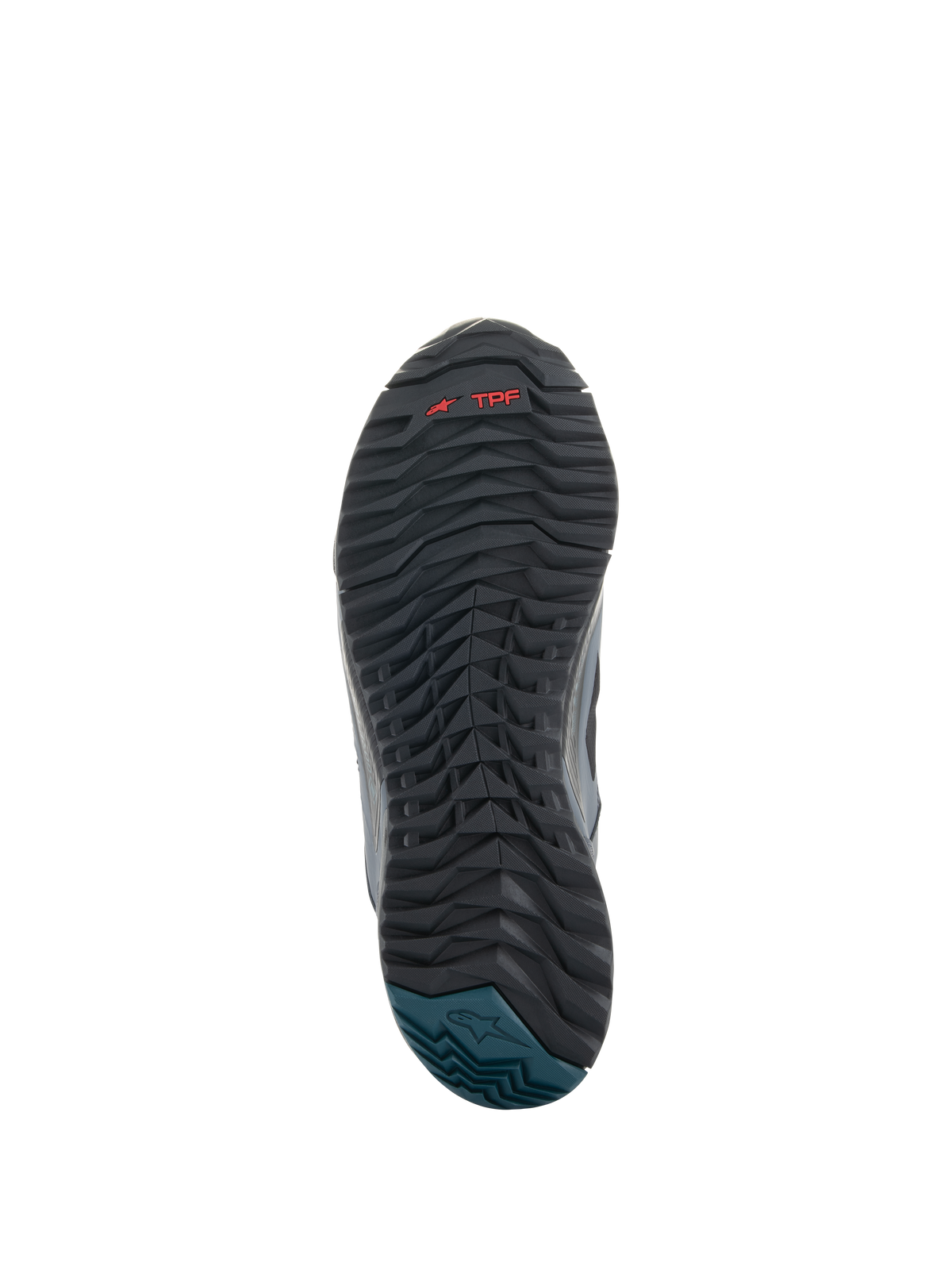 Buty Alpinestars CR-8 GORE-TEX, widok podeszwy, czarna i ciemnoszara gumowa podeszwa zewnętrzna z teksturowanym falistym bieżnikiem, czerwone logo TPF, pięta w kolorze Petrol Blue z logo Alpinestars, wytrzymała konstrukcja do jazdy na motocyklu